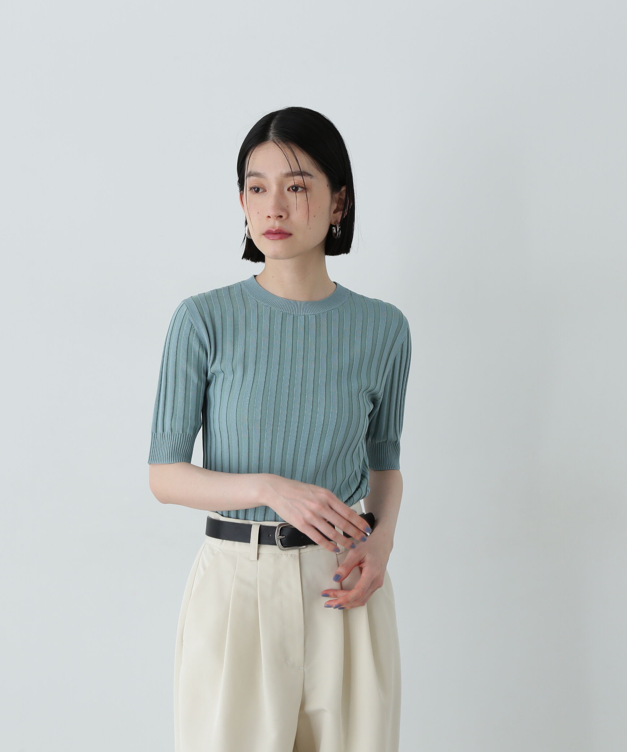  「半袖微配色リブニット」|ニット・セーター|