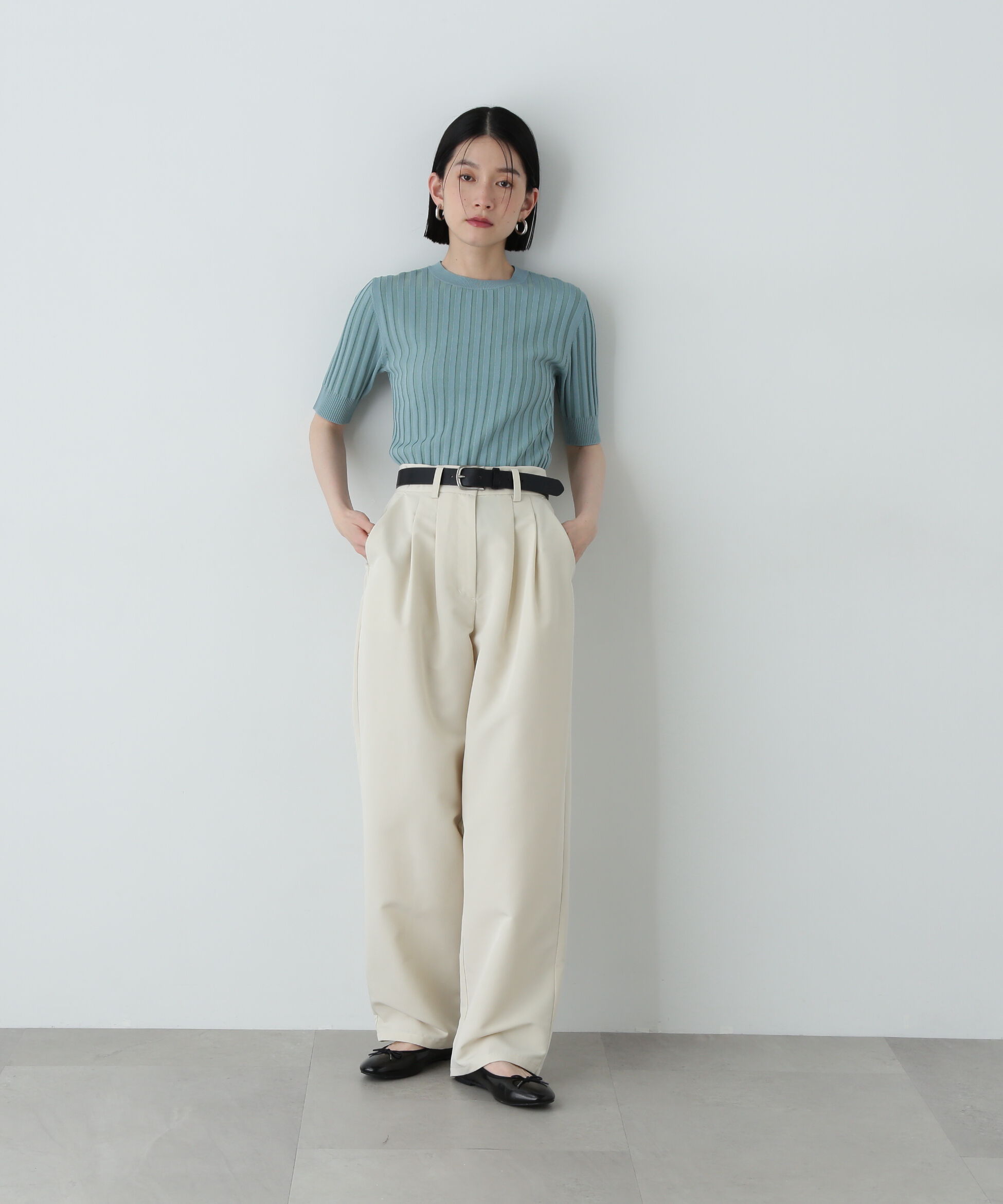  「半袖微配色リブニット」|ニット・セーター|