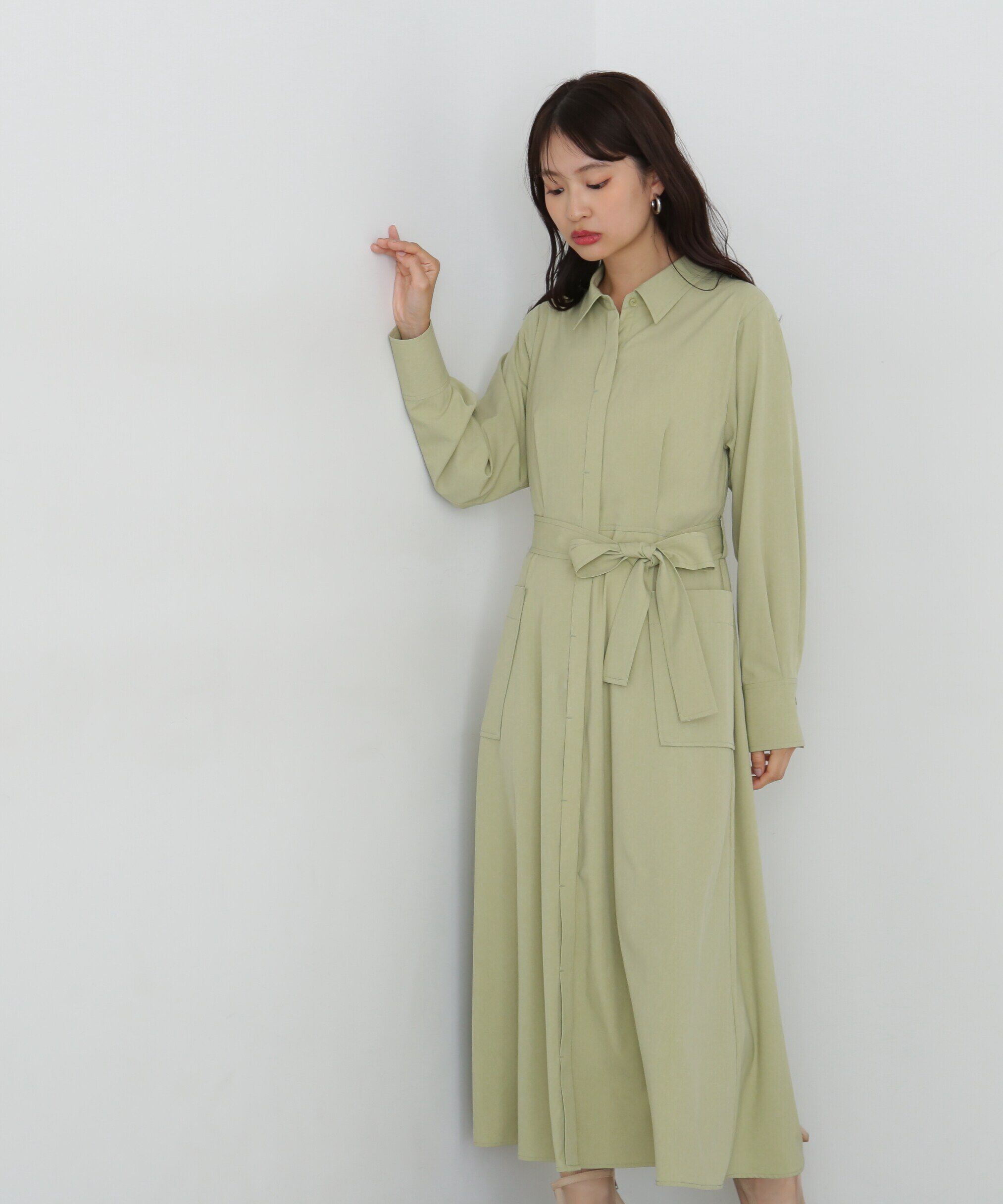  「リボンベルト付きシャツワンピース」|ワンピース|