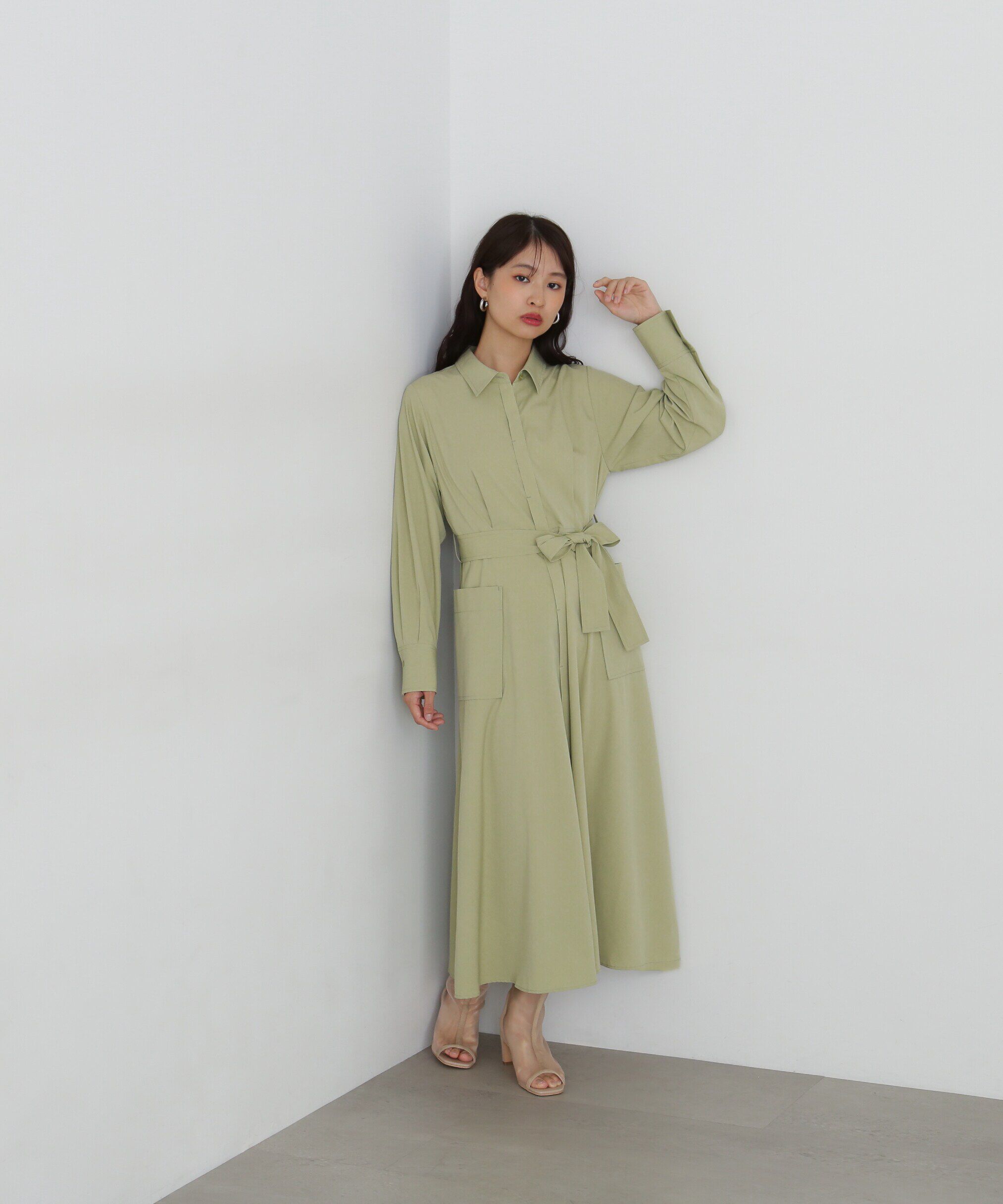  「リボンベルト付きシャツワンピース」|ワンピース|