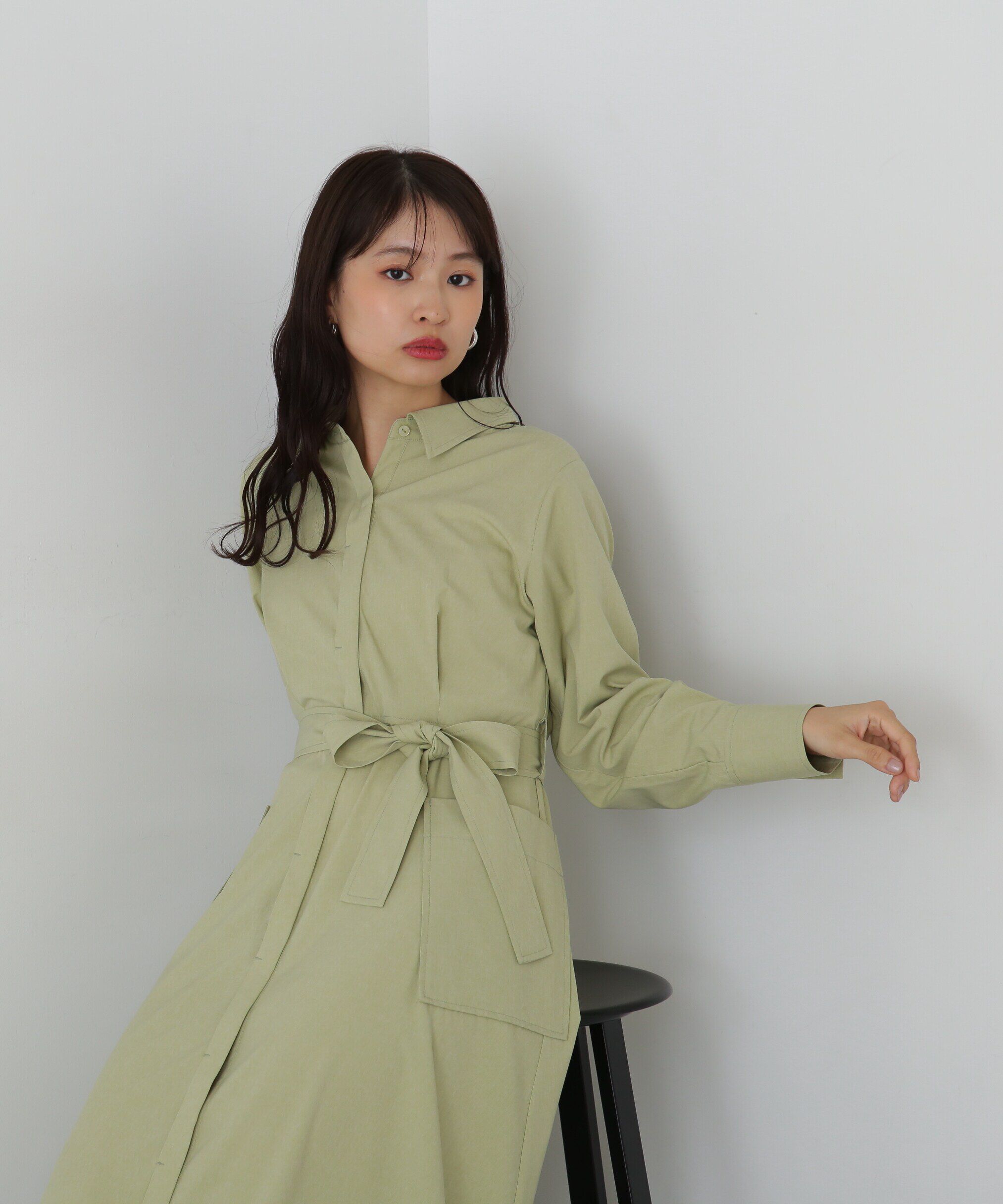  「リボンベルト付きシャツワンピース」|ワンピース|