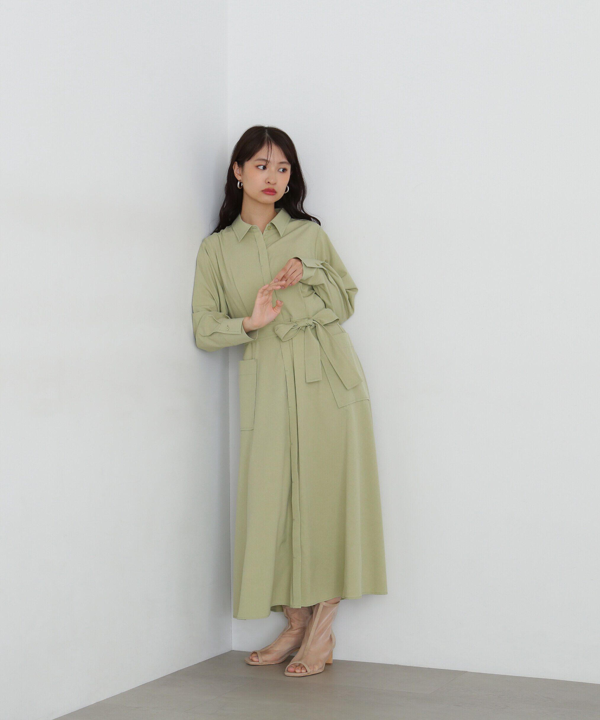  「リボンベルト付きシャツワンピース」|ワンピース|