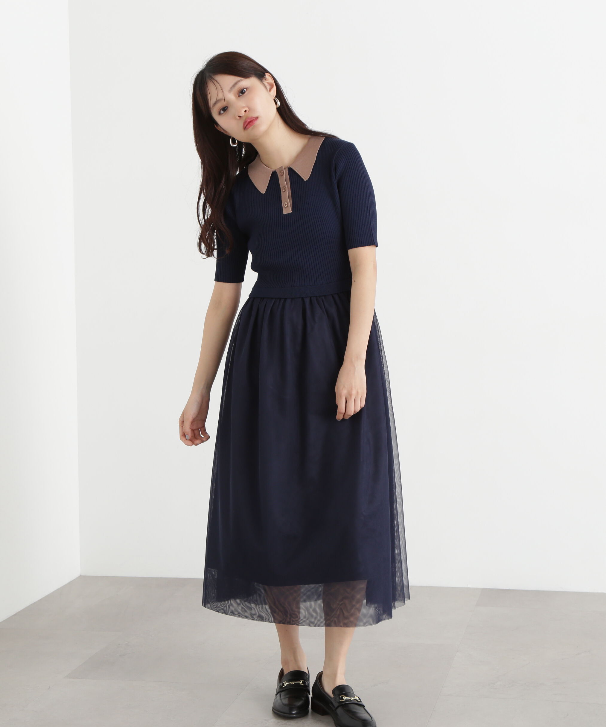  「ポロニットチュールスカートドッキングワンピース」|ワンピース|