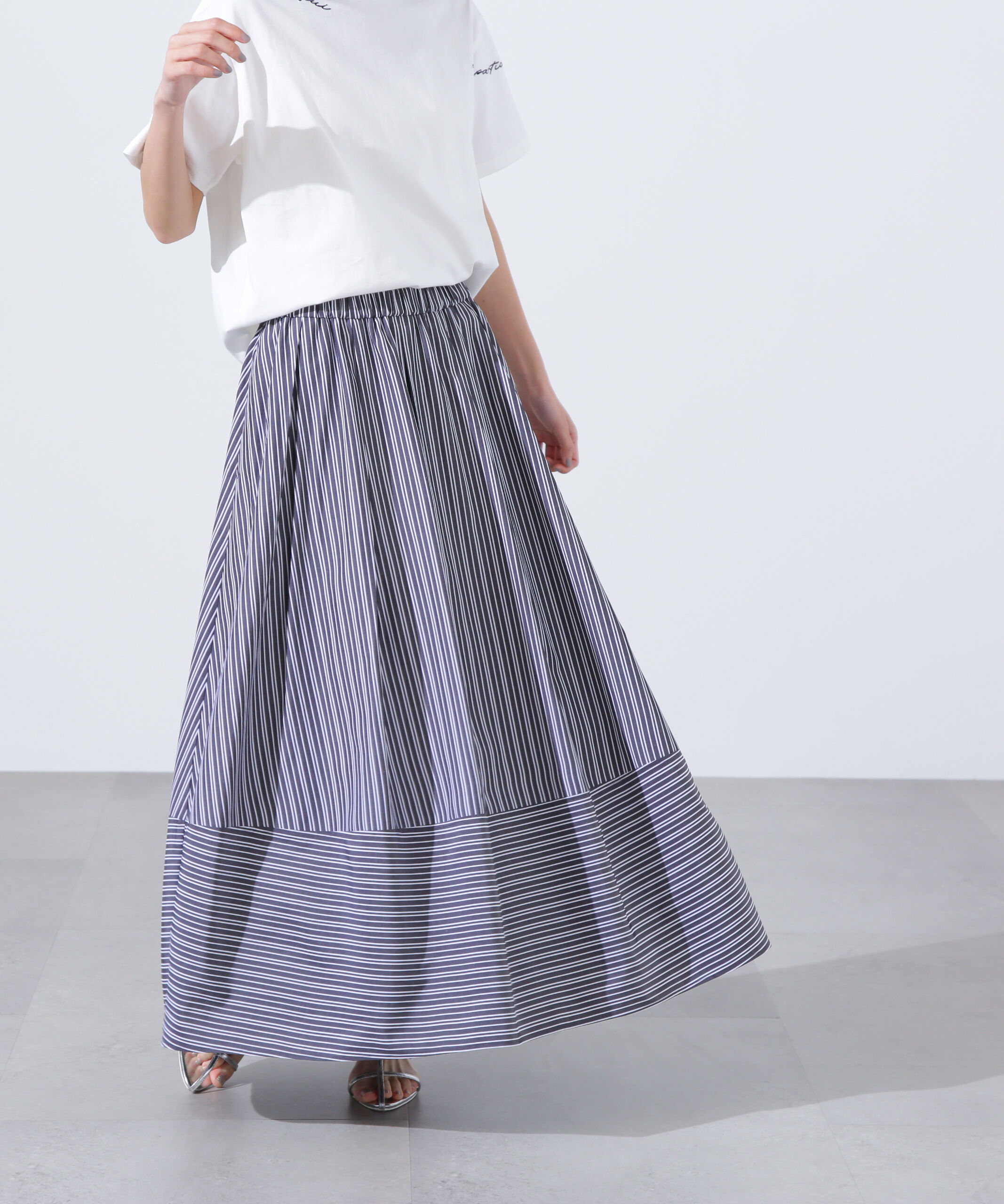  「ストライプ切替フレアスカート」|スカート|