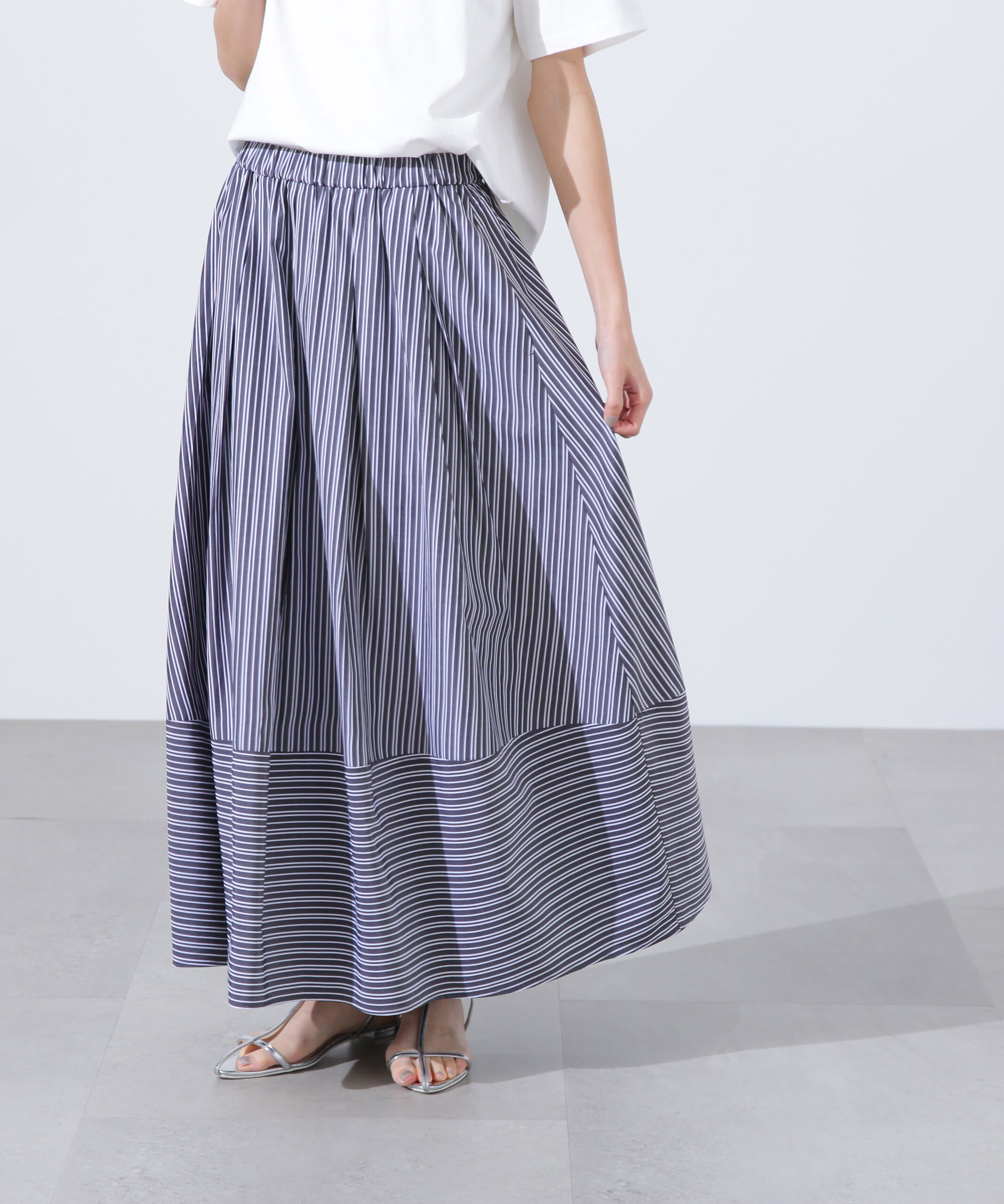  「ストライプ切替フレアスカート」|スカート|