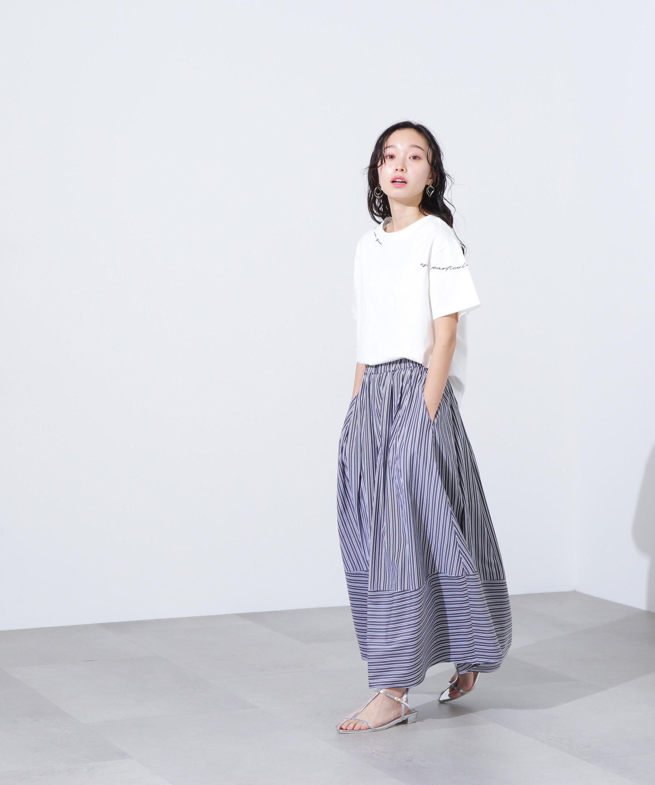  「ストライプ切替フレアスカート」|スカート|