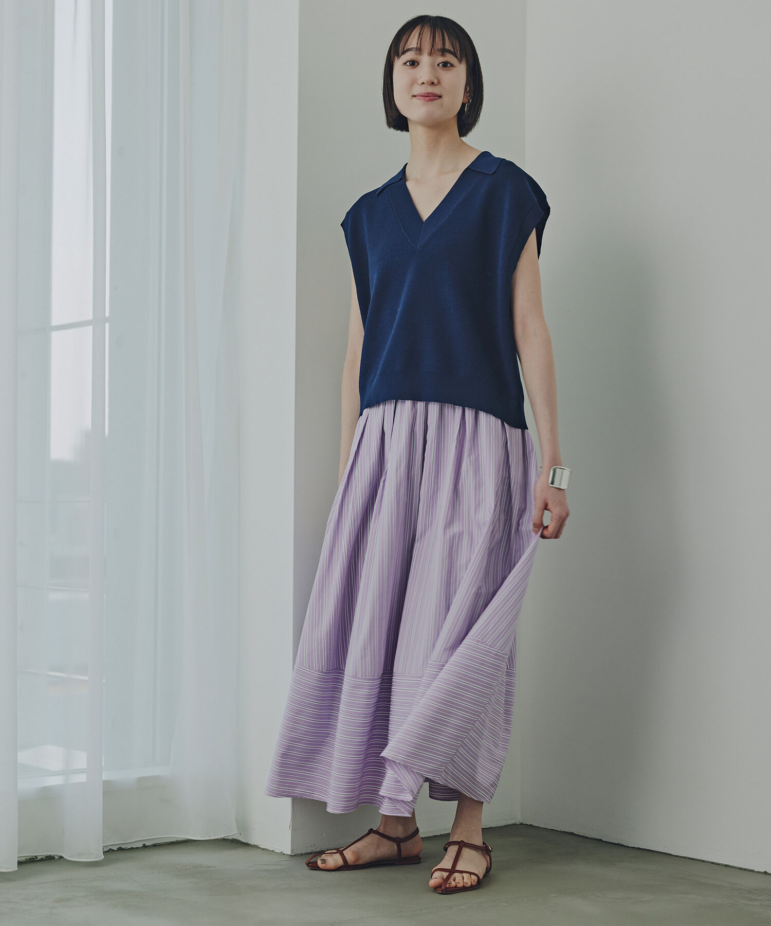  「ストライプ切替フレアスカート」|スカート|