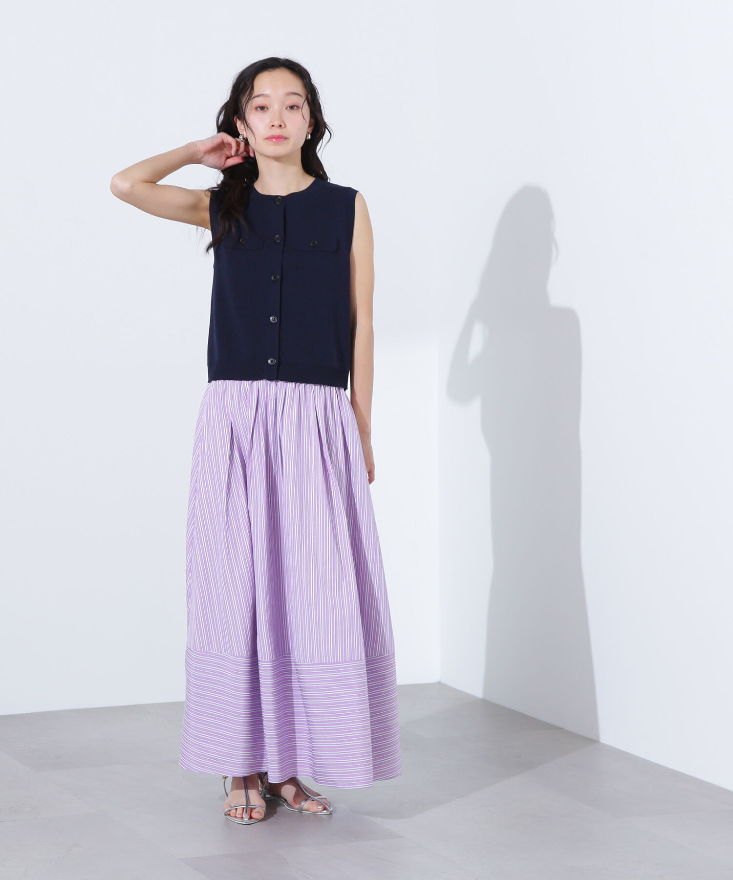  「ストライプ切替フレアスカート」|スカート|