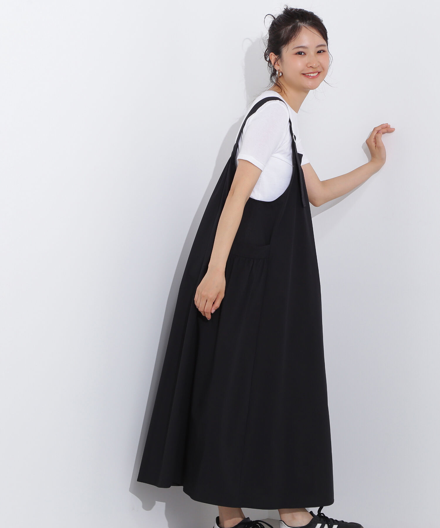  「ワイドストラップジャンパースカート」|ワンピース|ブラック