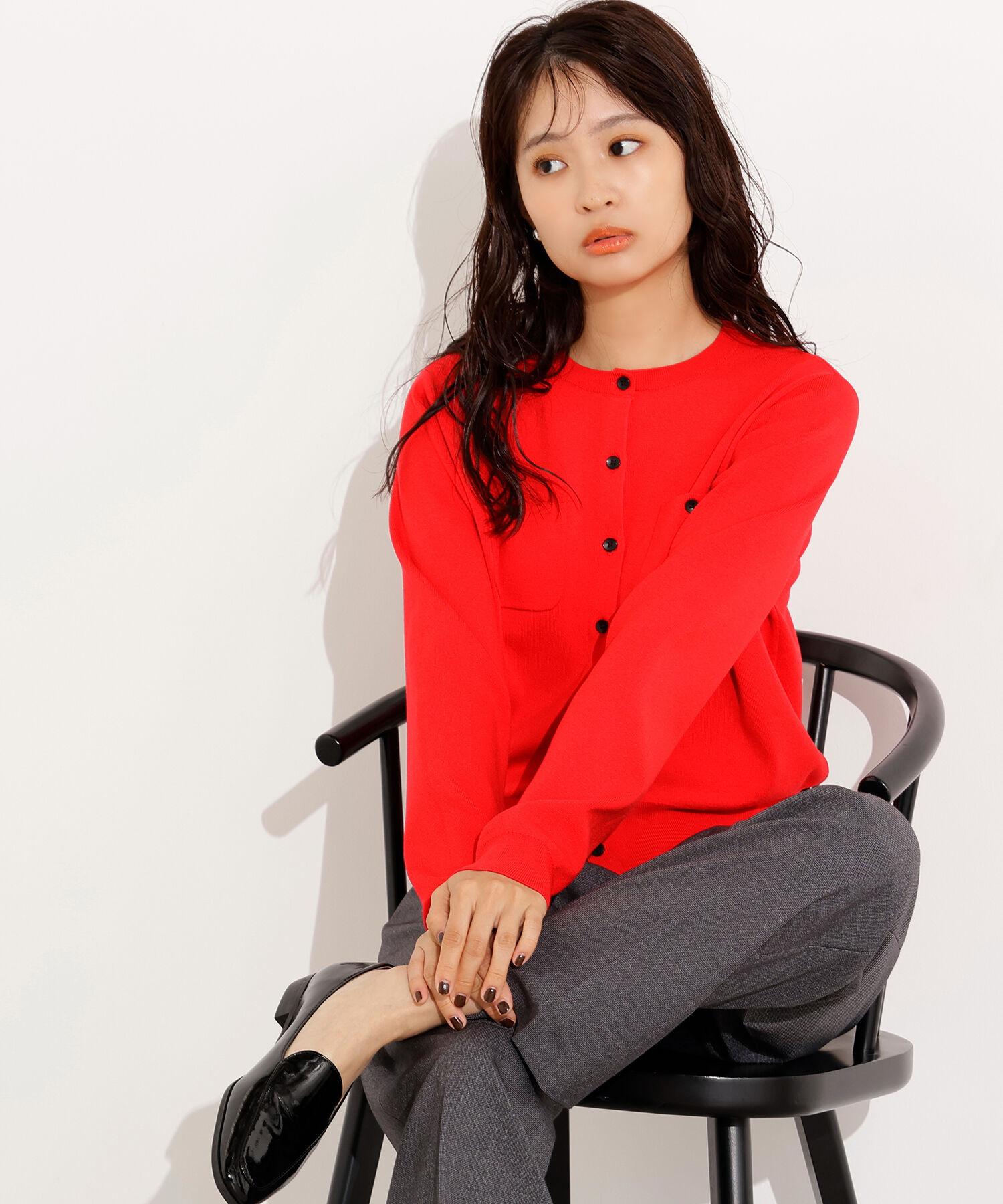  「ベーシックポケットカーディガン」|ニット・セーター|レッド