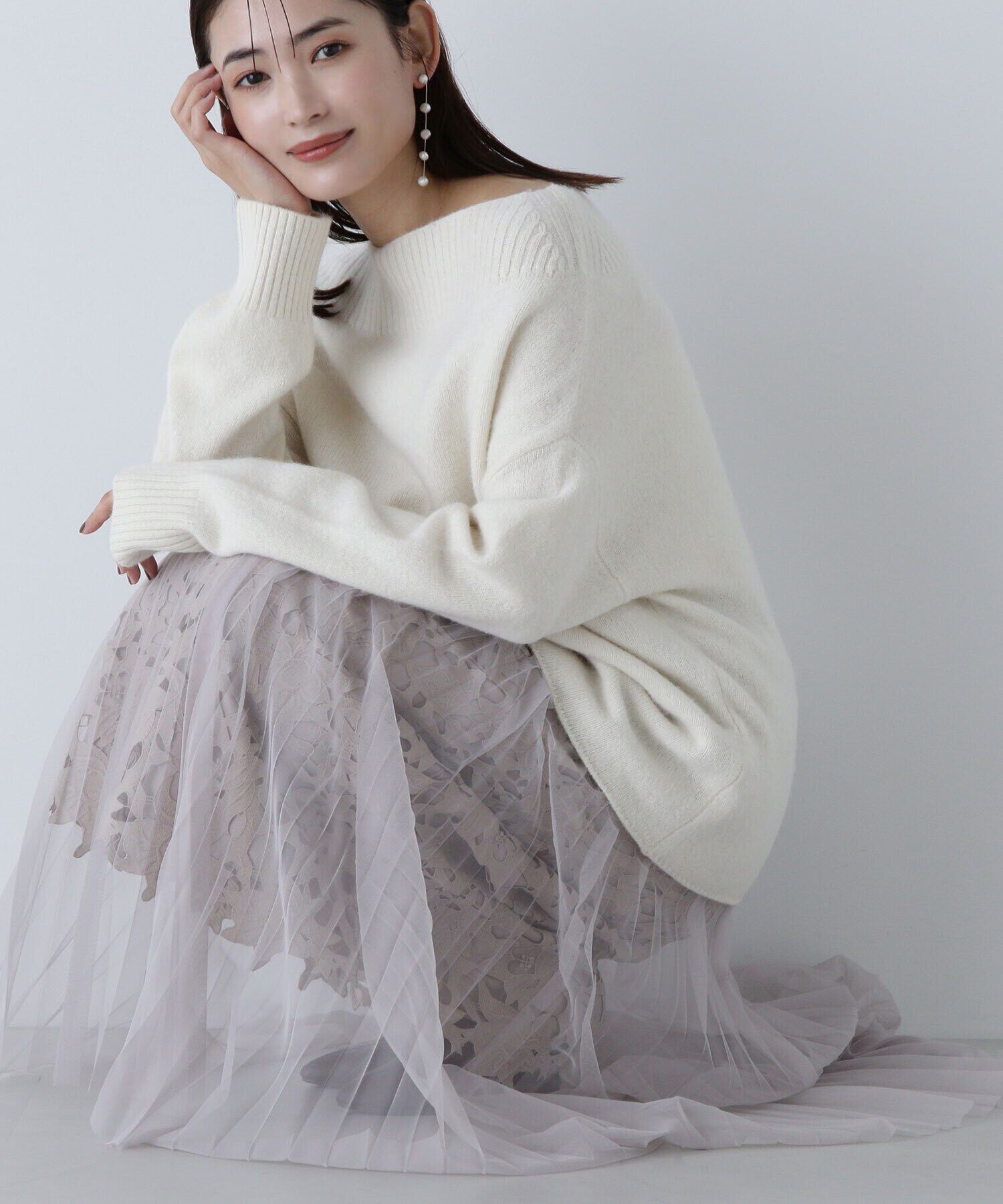  「レースレイヤードチュールスカート」|スカート|グレージュ3