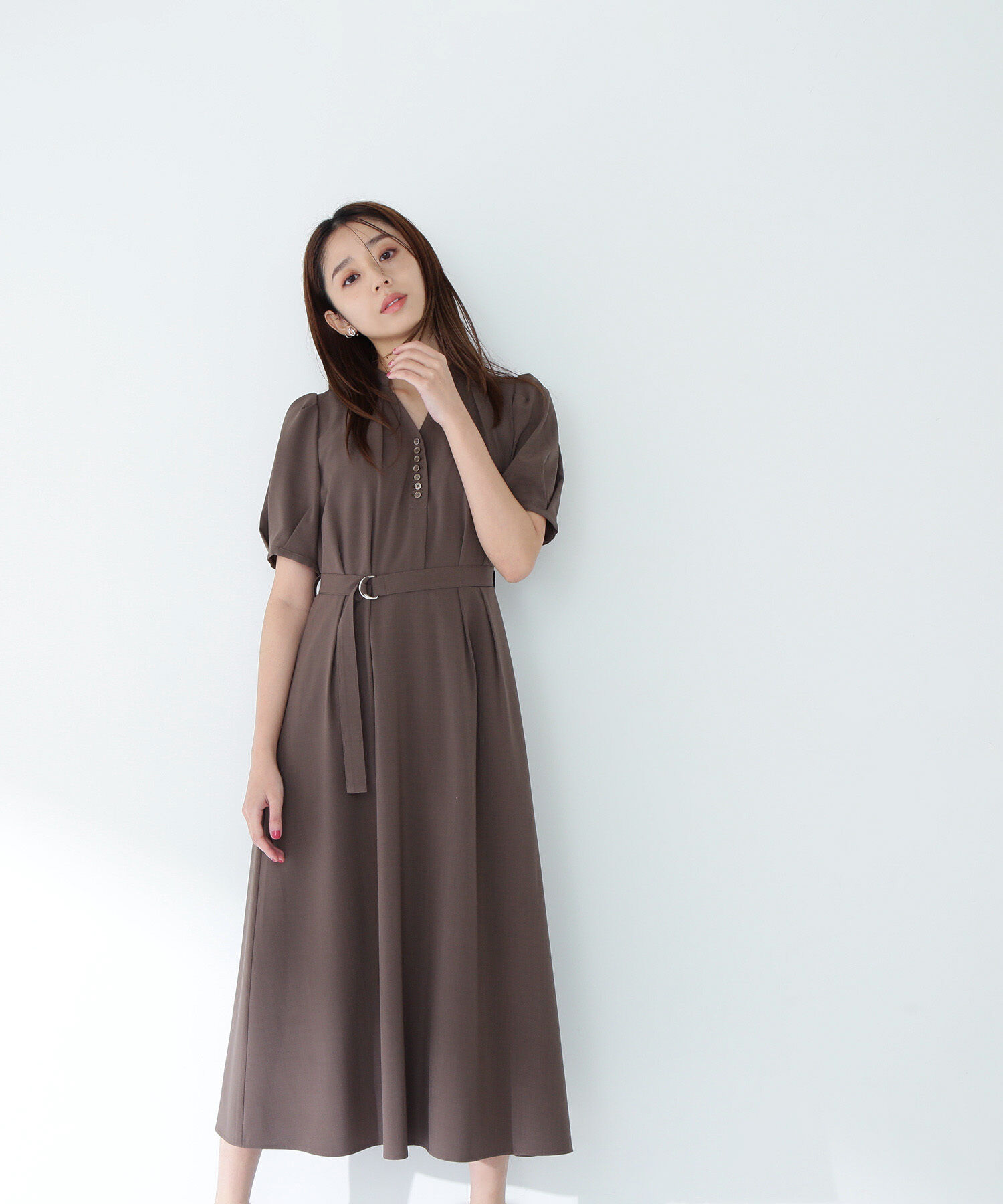  「リネンライクベルテッドワンピース」|ワンピース|ブラウン