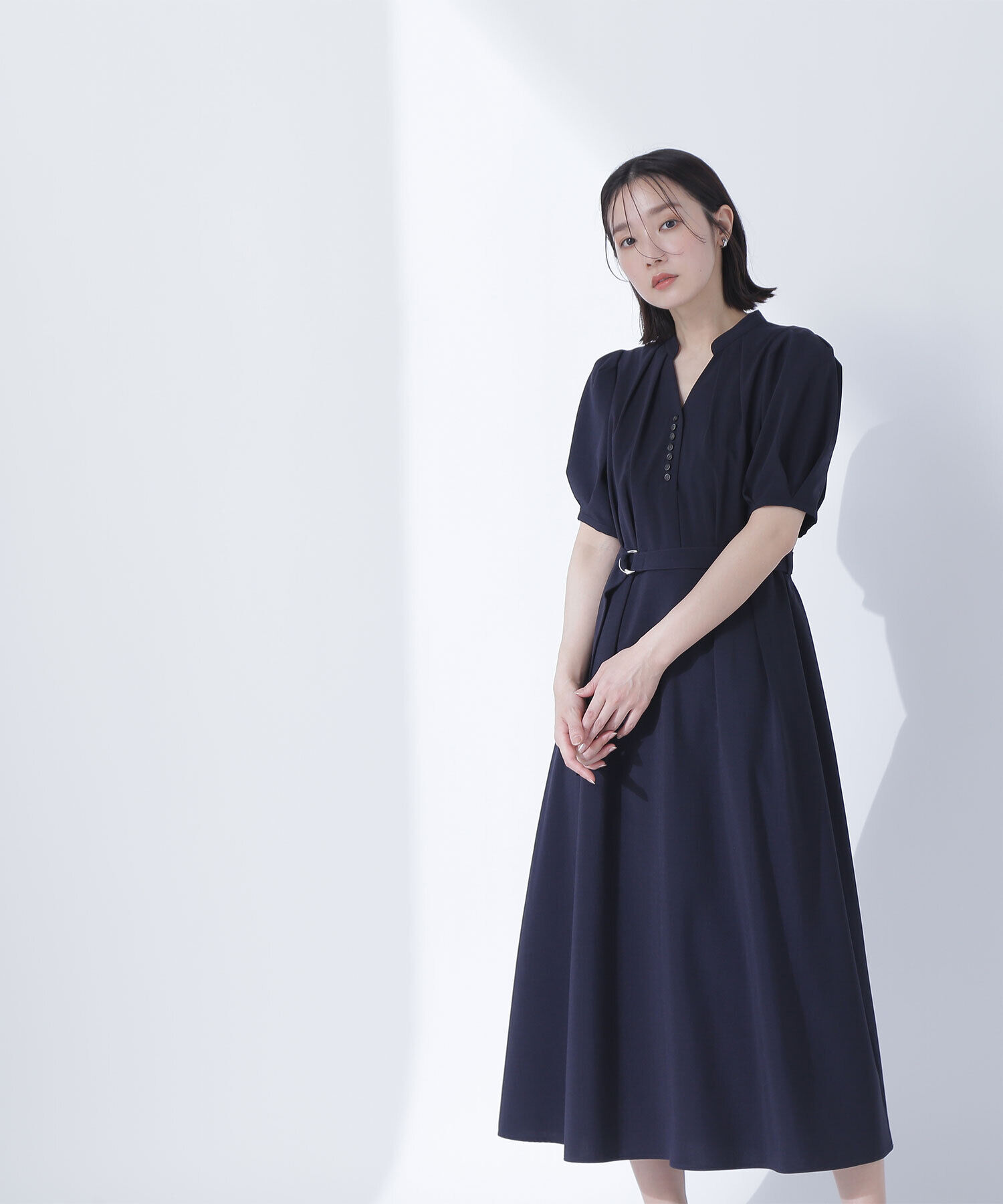  「リネンライクベルテッドワンピース」|ワンピース|ネイビー