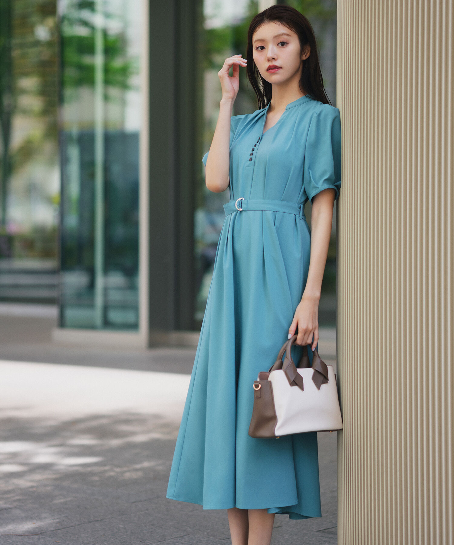  「リネンライクベルテッドワンピース」|ワンピース|ライトグリー 1