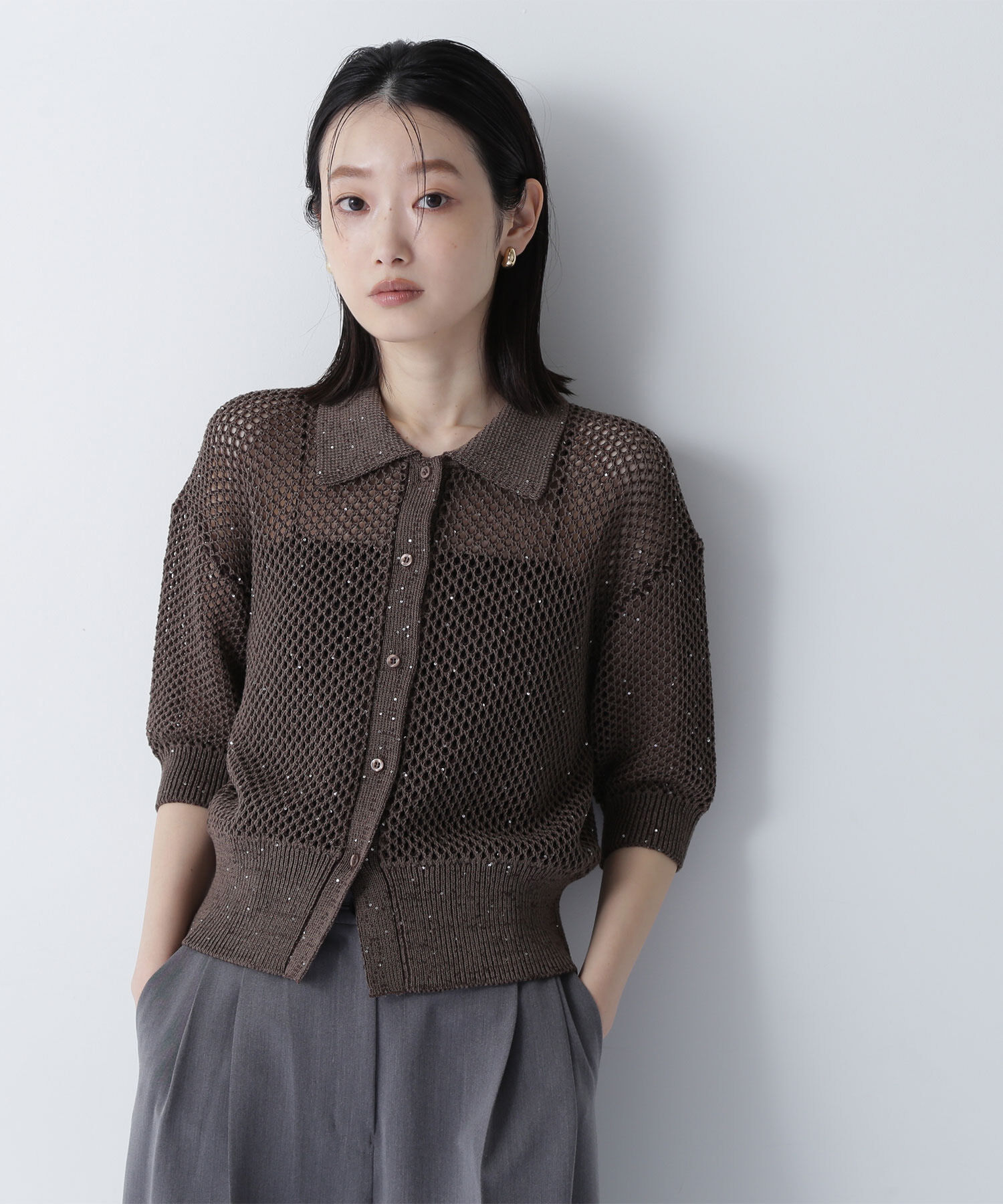  「スパンコールメッシュポロニット」|ニット・セーター|ダークブラウ 1