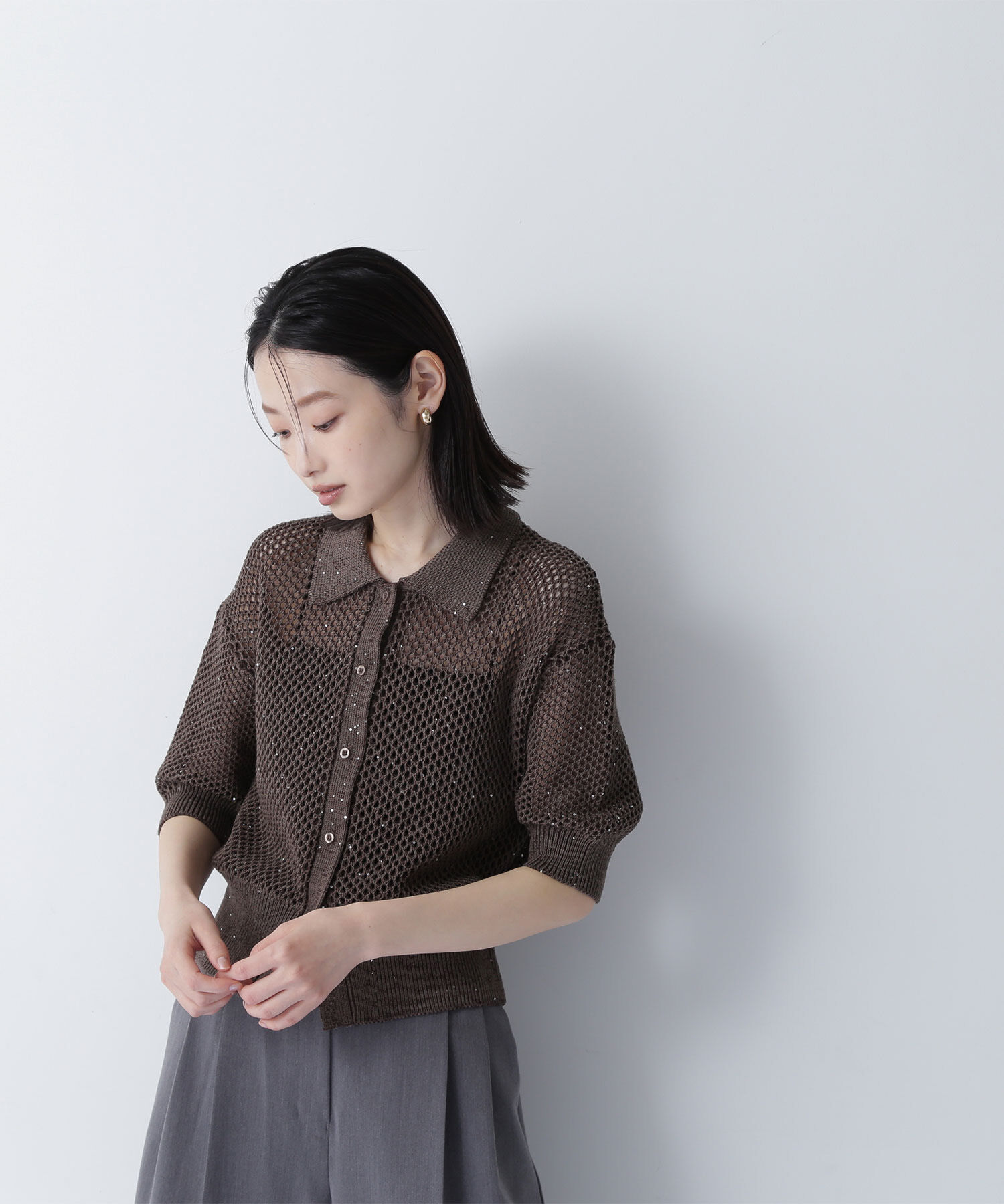  「スパンコールメッシュポロニット」|ニット・セーター|