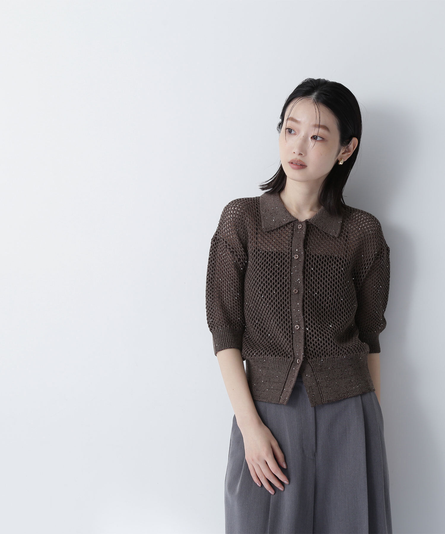  「スパンコールメッシュポロニット」|ニット・セーター|