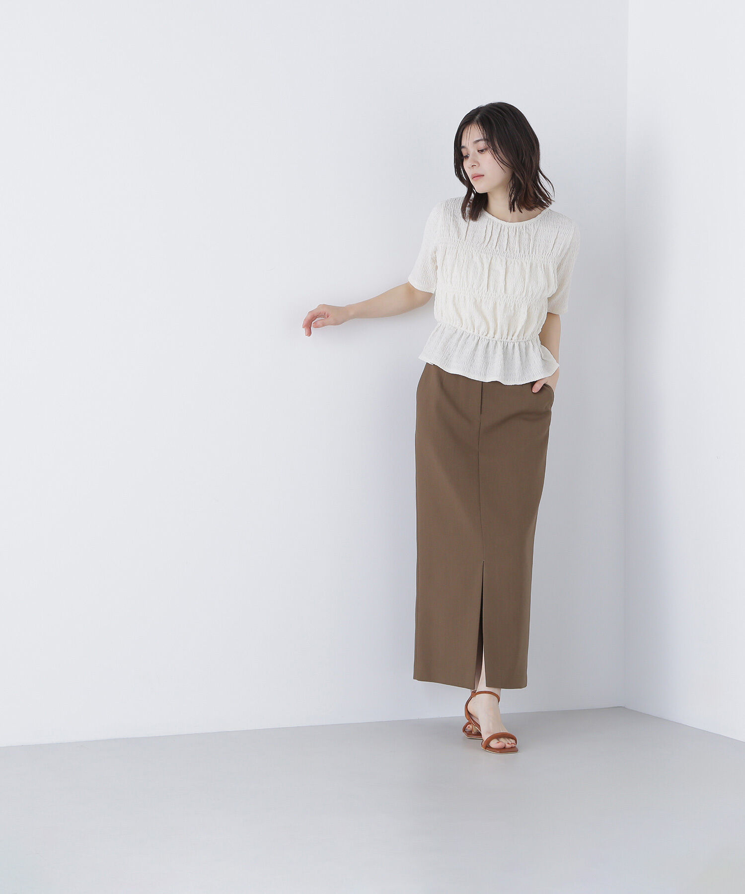  「シャーリングペプラムカットソー半袖」|Tシャツ・カットソー|