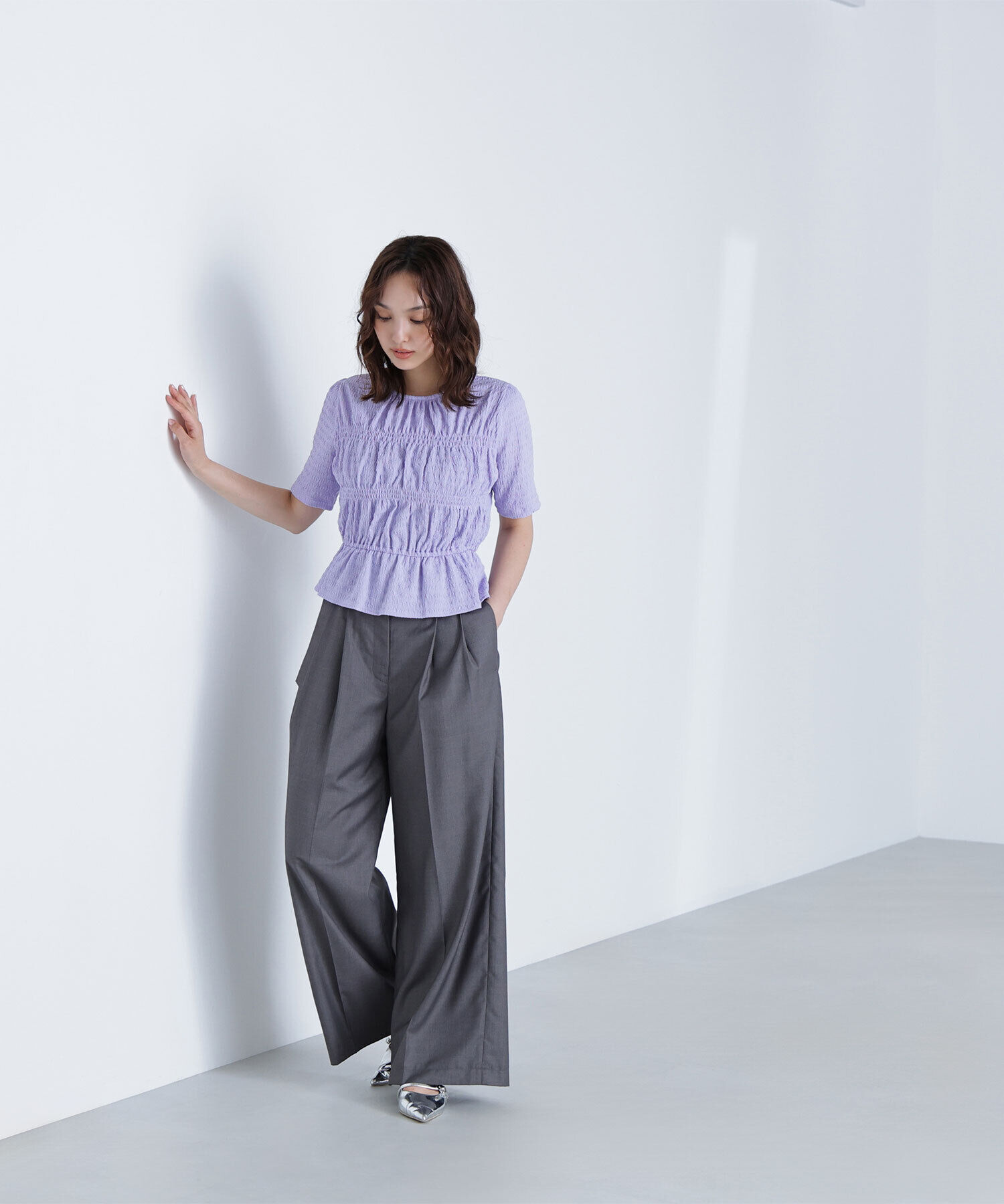  「シャーリングペプラムカットソー半袖」|Tシャツ・カットソー|