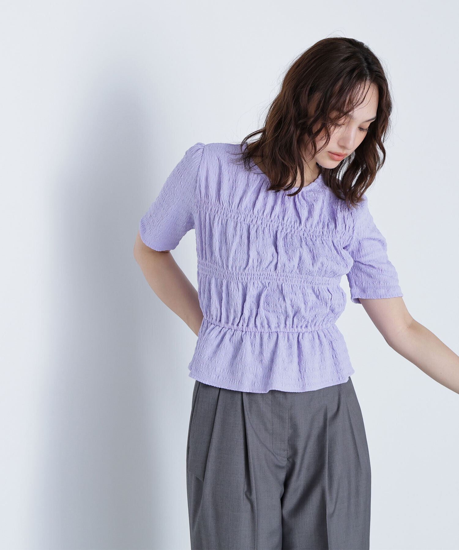  「シャーリングペプラムカットソー半袖」|Tシャツ・カットソー|