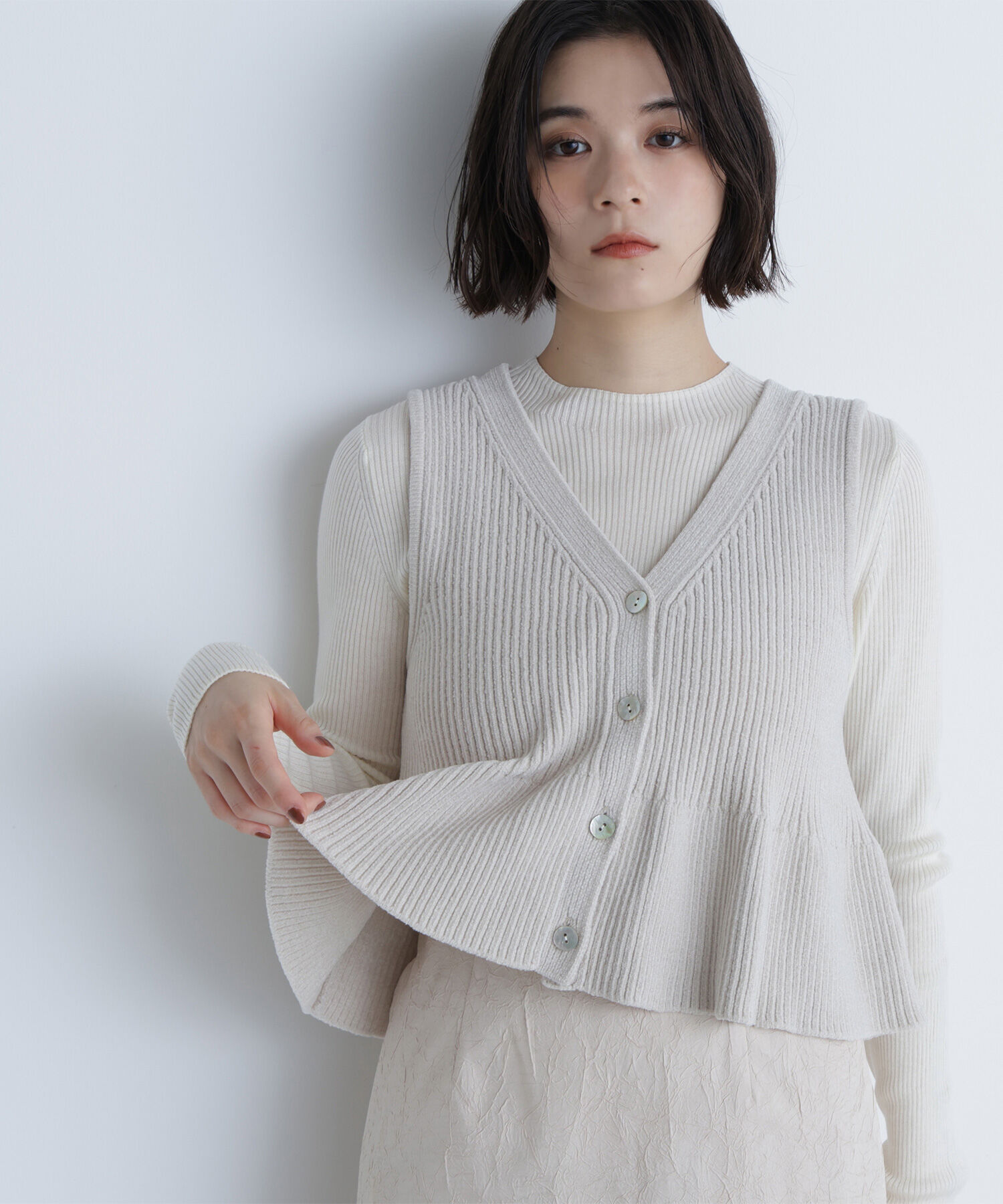  「ペプラムベスト＆リブニット」|ニット・セーター|ベージュ&times;オフ