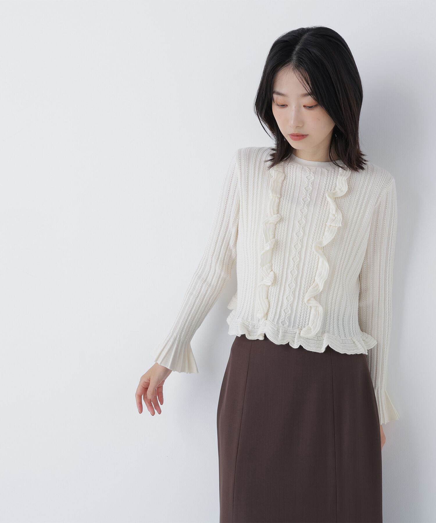  「ミニケーブルフリルニット」|ニット・セーター|