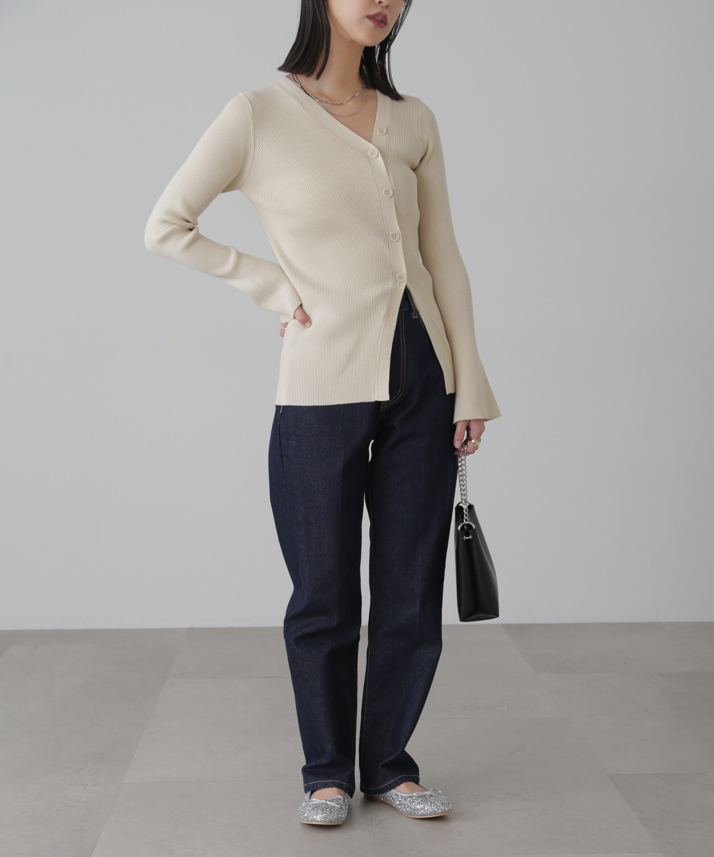  「アシンメトリーボタンディテールリブニット」|ニット・セーター|