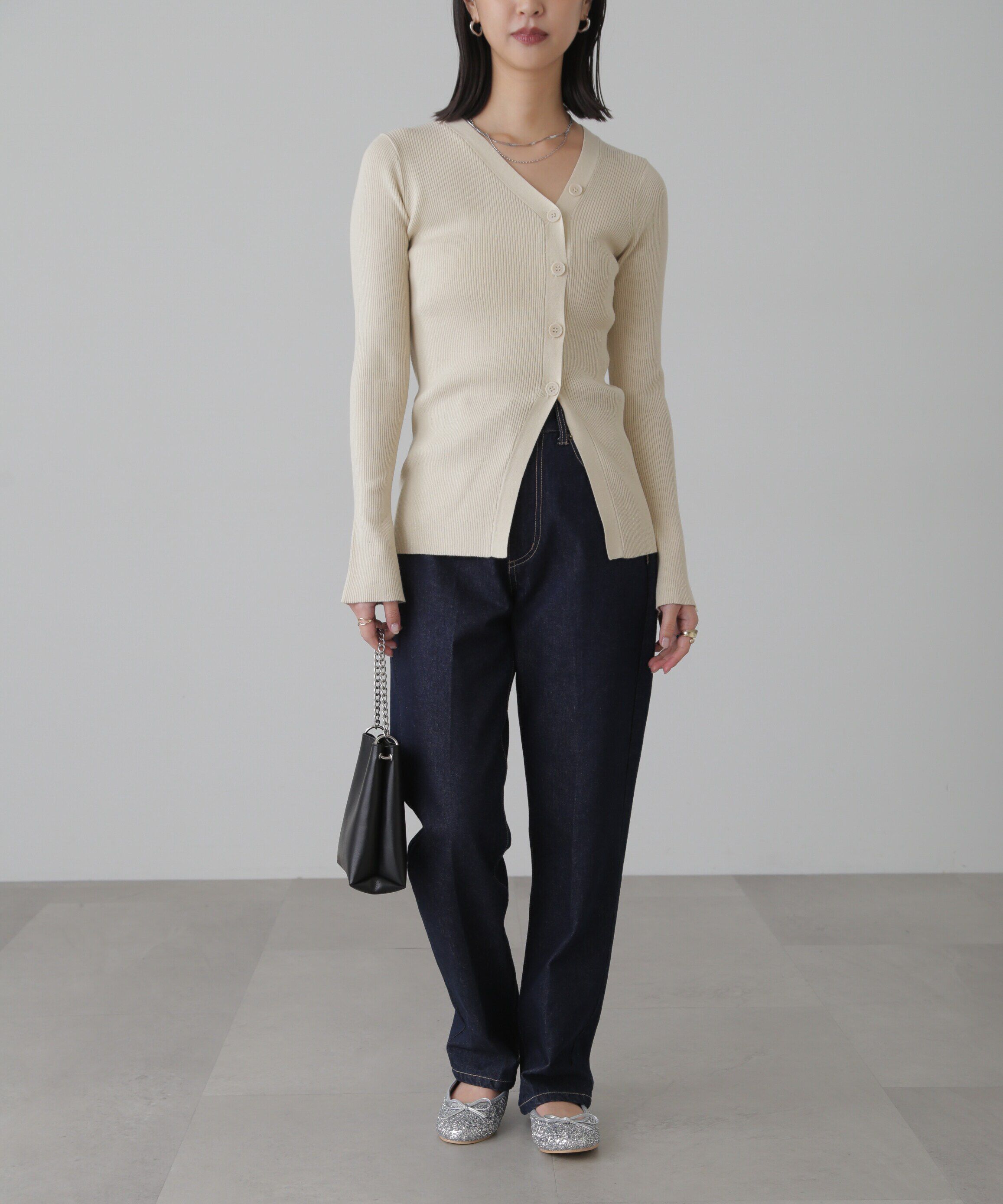  「アシンメトリーボタンディテールリブニット」|ニット・セーター|