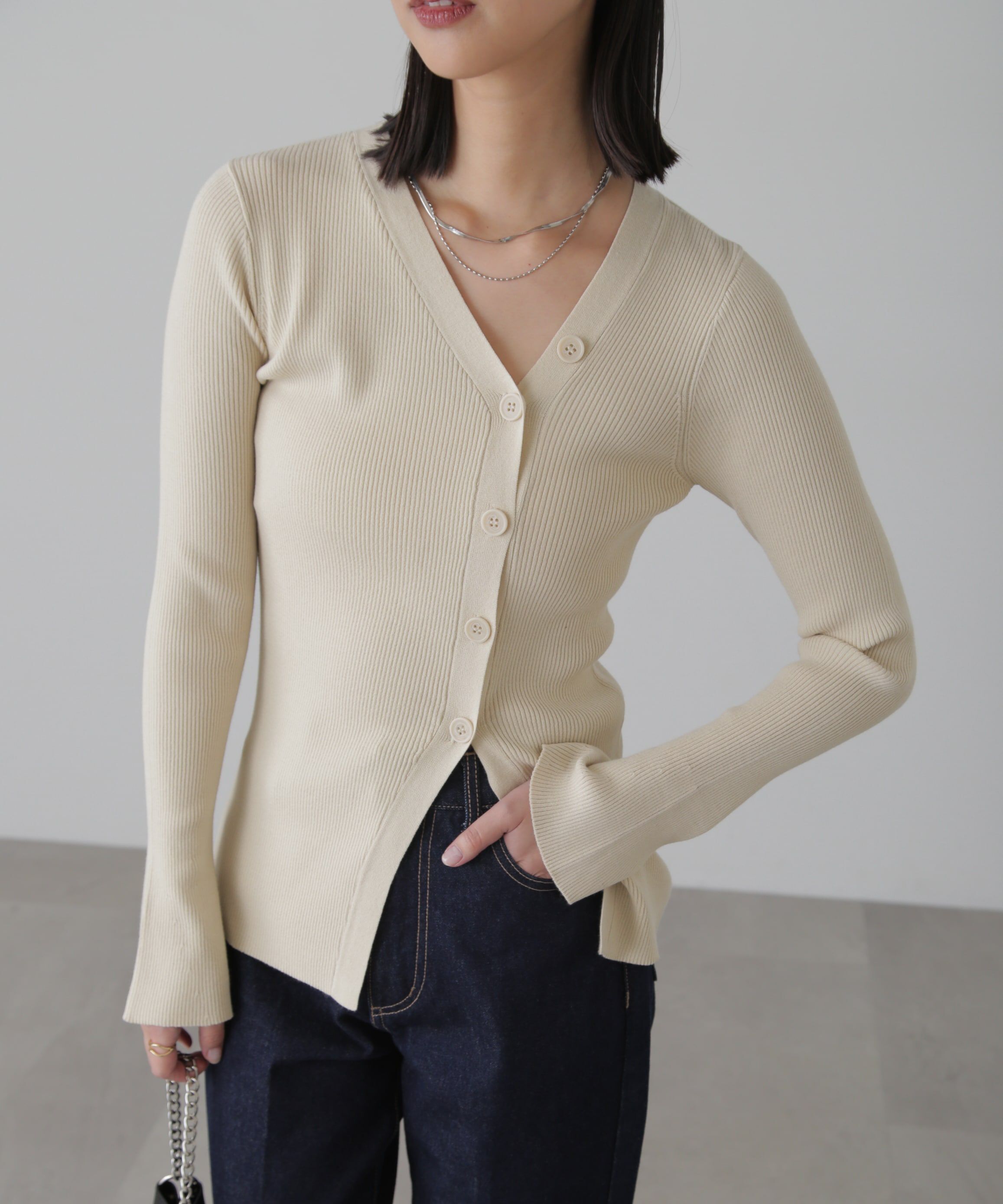  「アシンメトリーボタンディテールリブニット」|ニット・セーター|