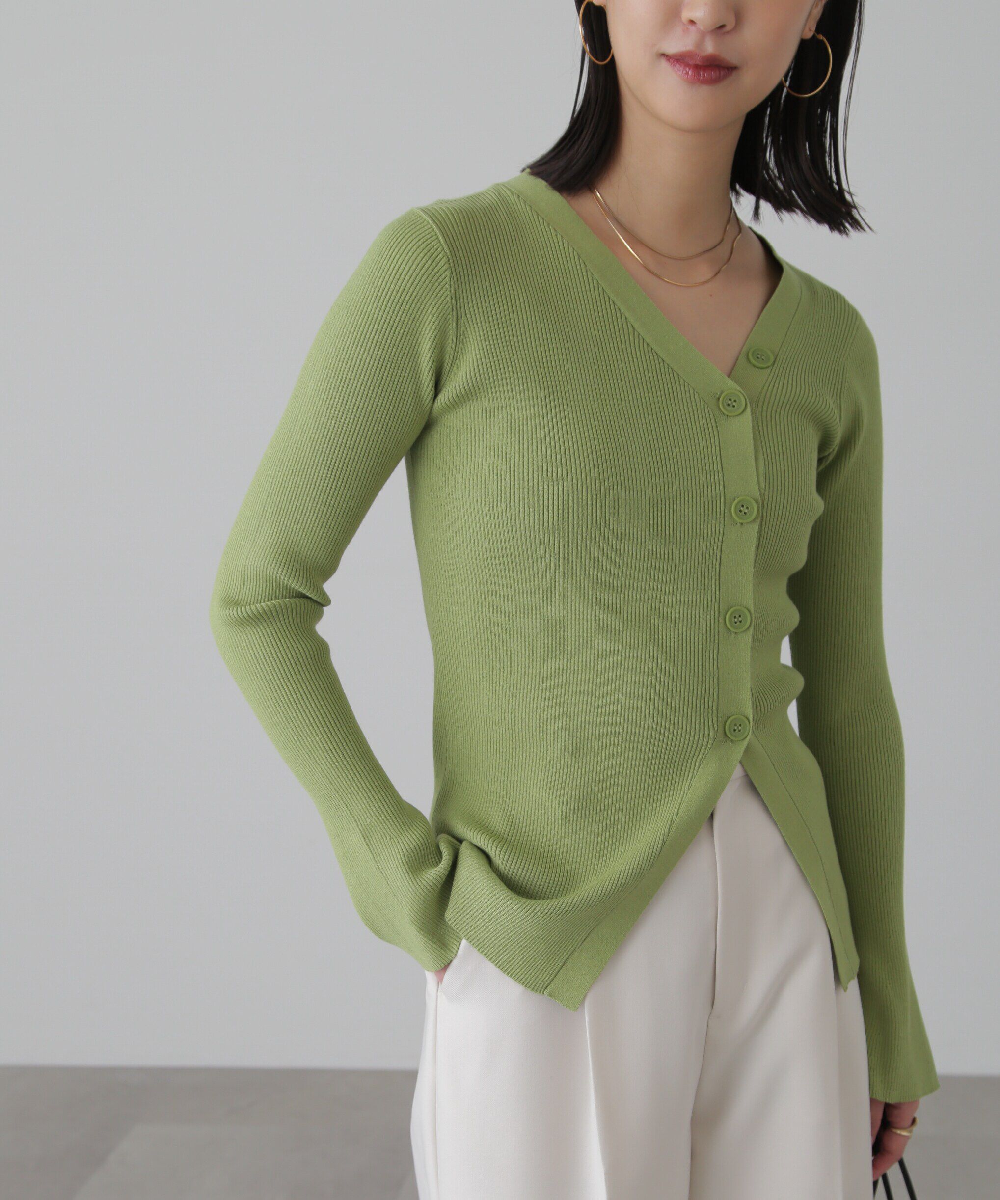  「アシンメトリーボタンディテールリブニット」|ニット・セーター|