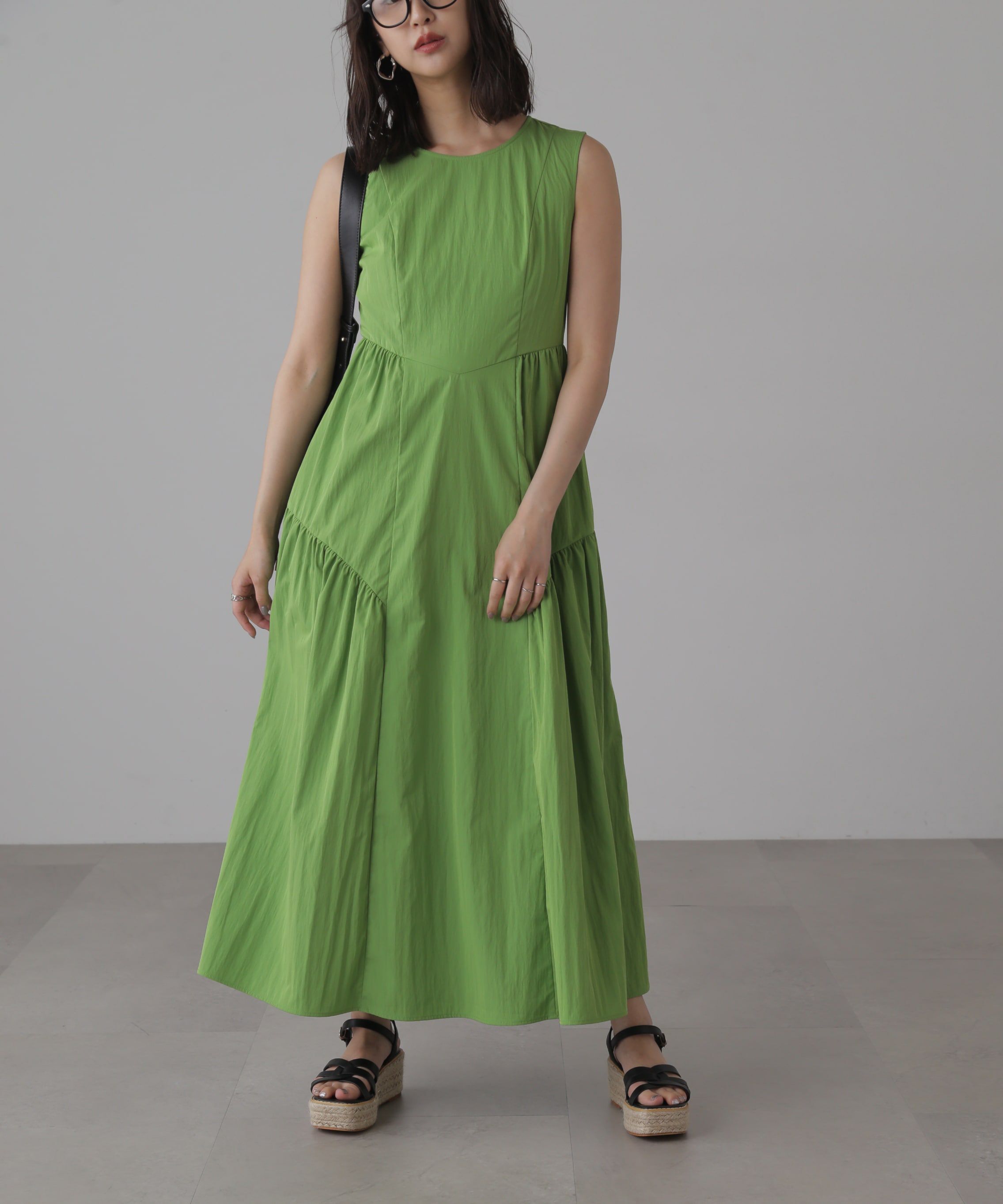  「タイプライターギャザーマキシワンピース」|ワンピース|グリーン