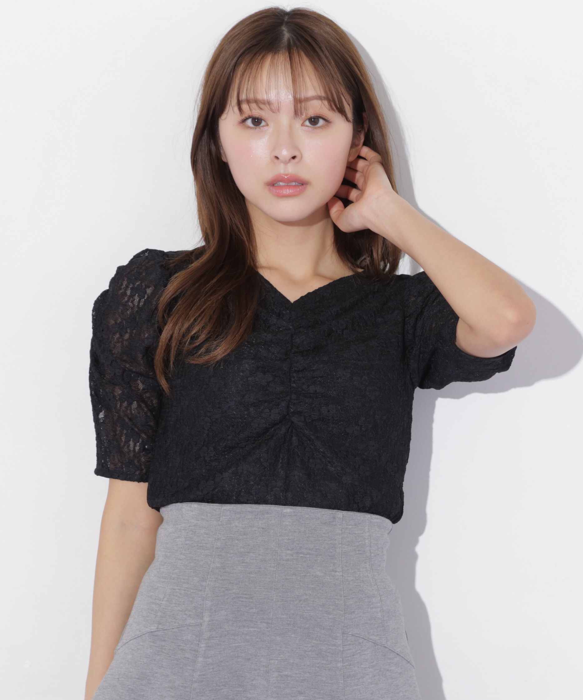  「ギャザースリーブレースTシャツ」|Tシャツ・カットソー|ブラック