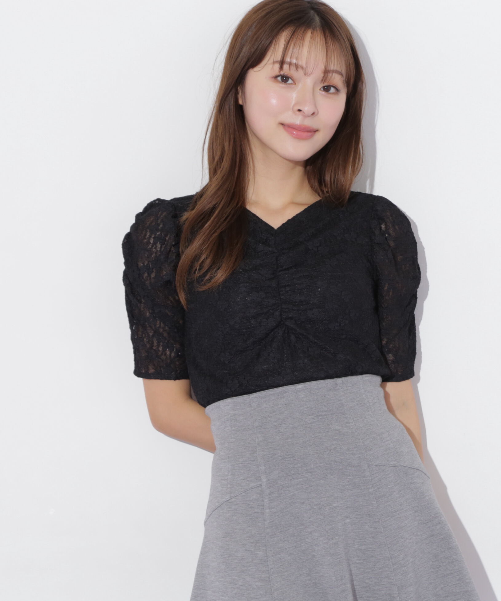  「ギャザースリーブレースTシャツ」|Tシャツ・カットソー|