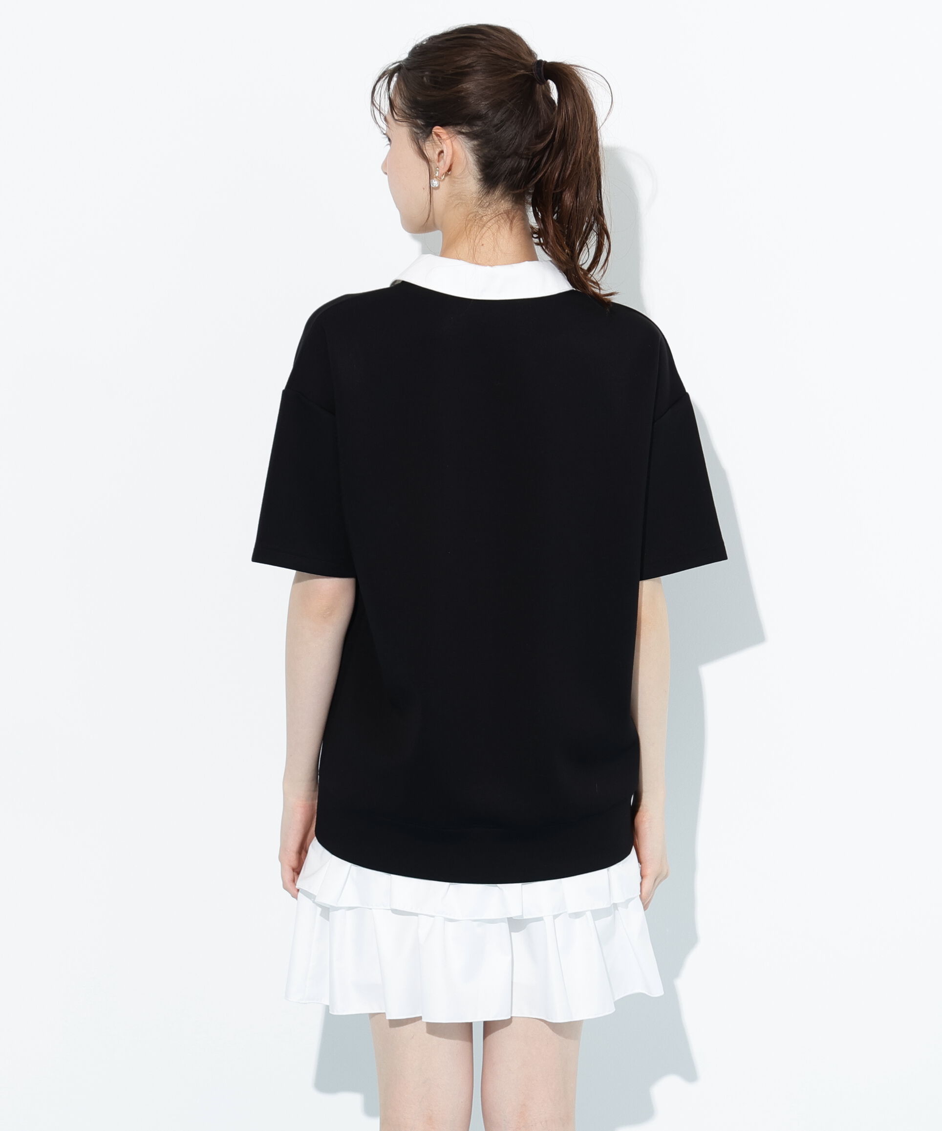  「五分袖ポロ衿スウェットフリルミニセットアップ」|ワンピース|