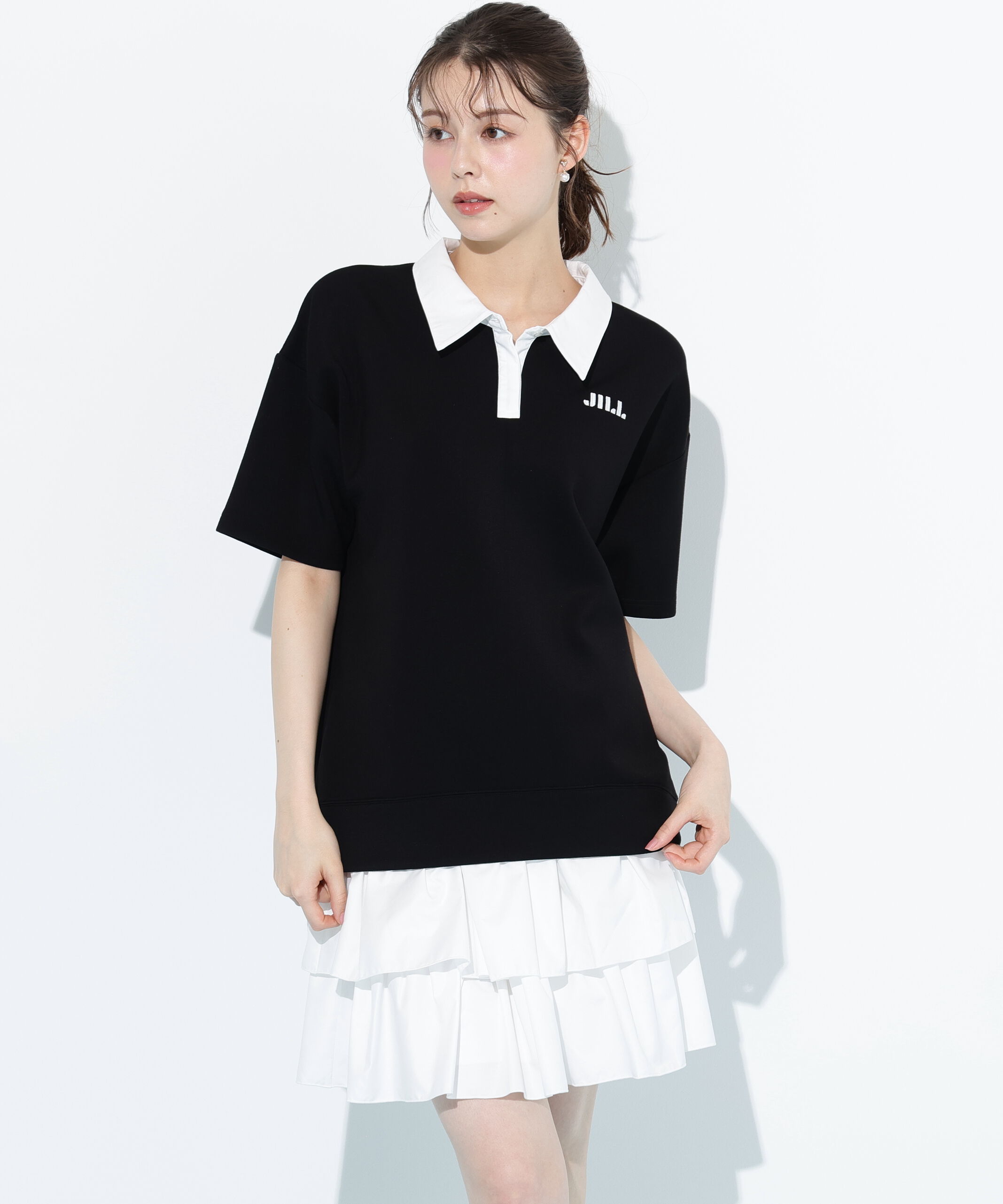  「五分袖ポロ衿スウェットフリルミニセットアップ」|ワンピース|