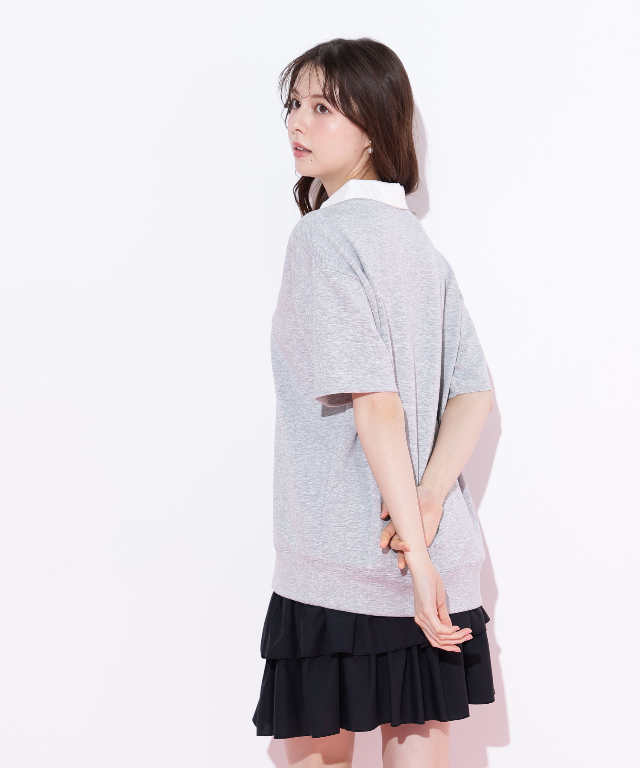  「五分袖ポロ衿スウェットフリルミニセットアップ」|ワンピース|