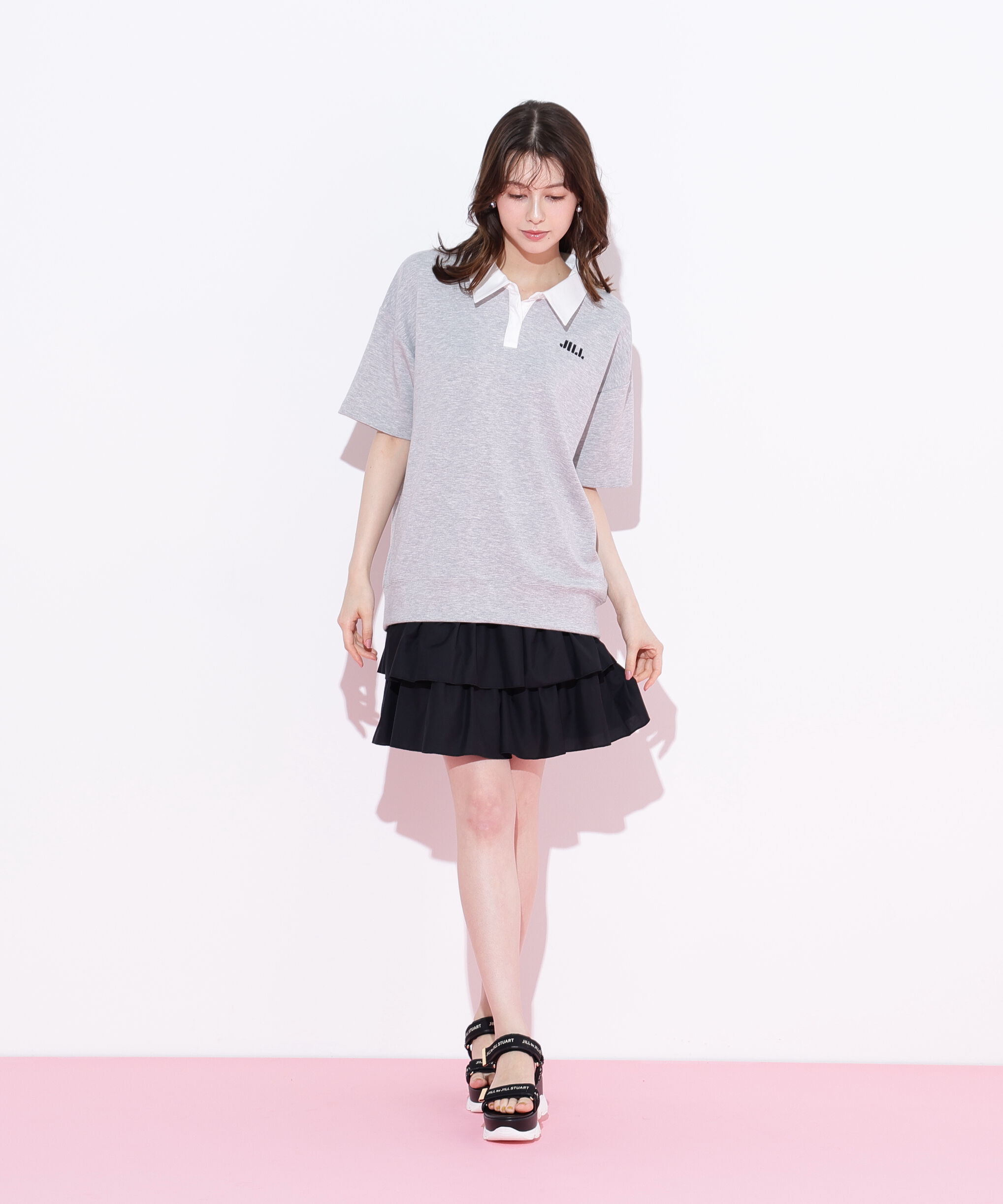  「五分袖ポロ衿スウェットフリルミニセットアップ」|ワンピース|