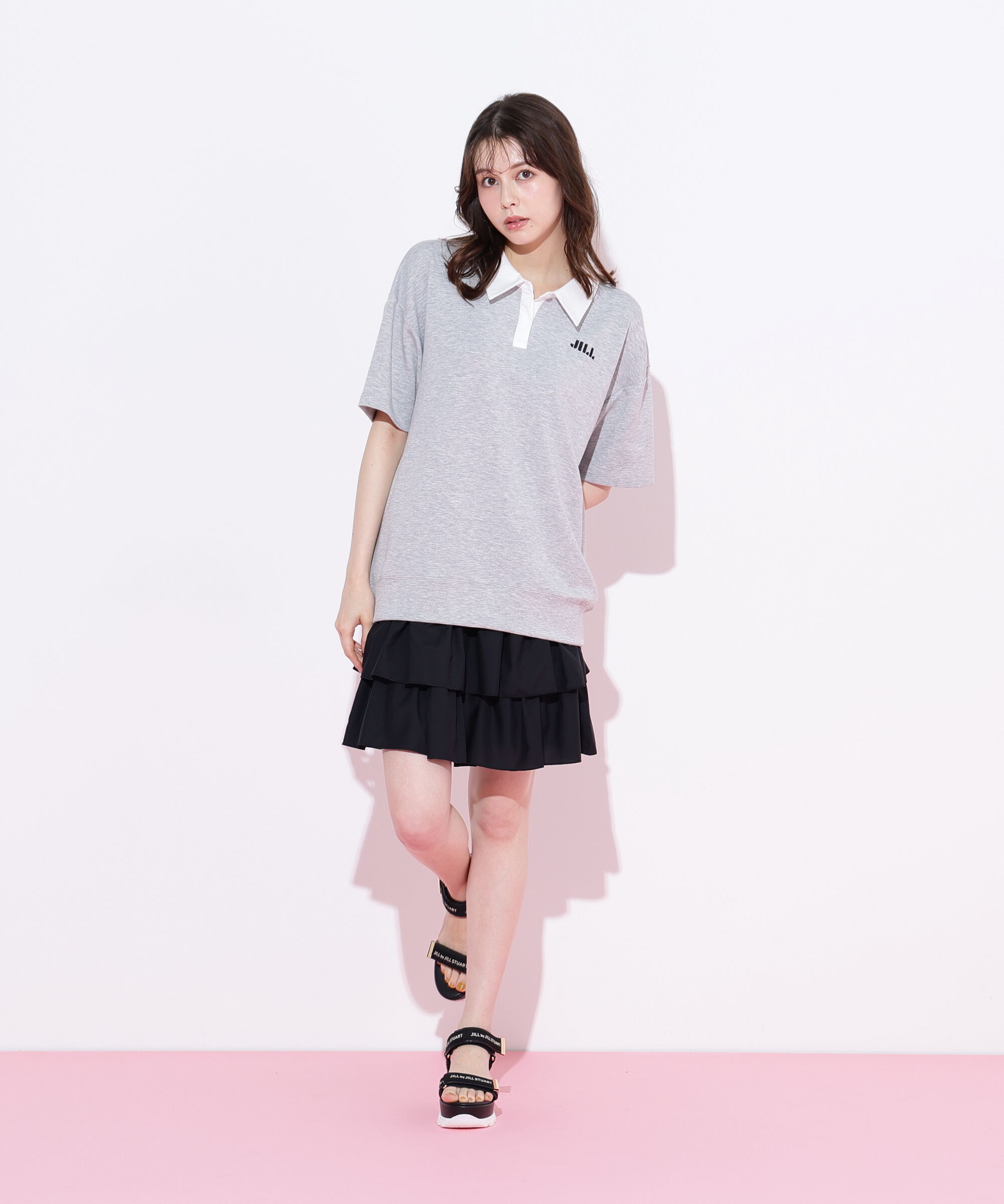  「五分袖ポロ衿スウェットフリルミニセットアップ」|ワンピース|