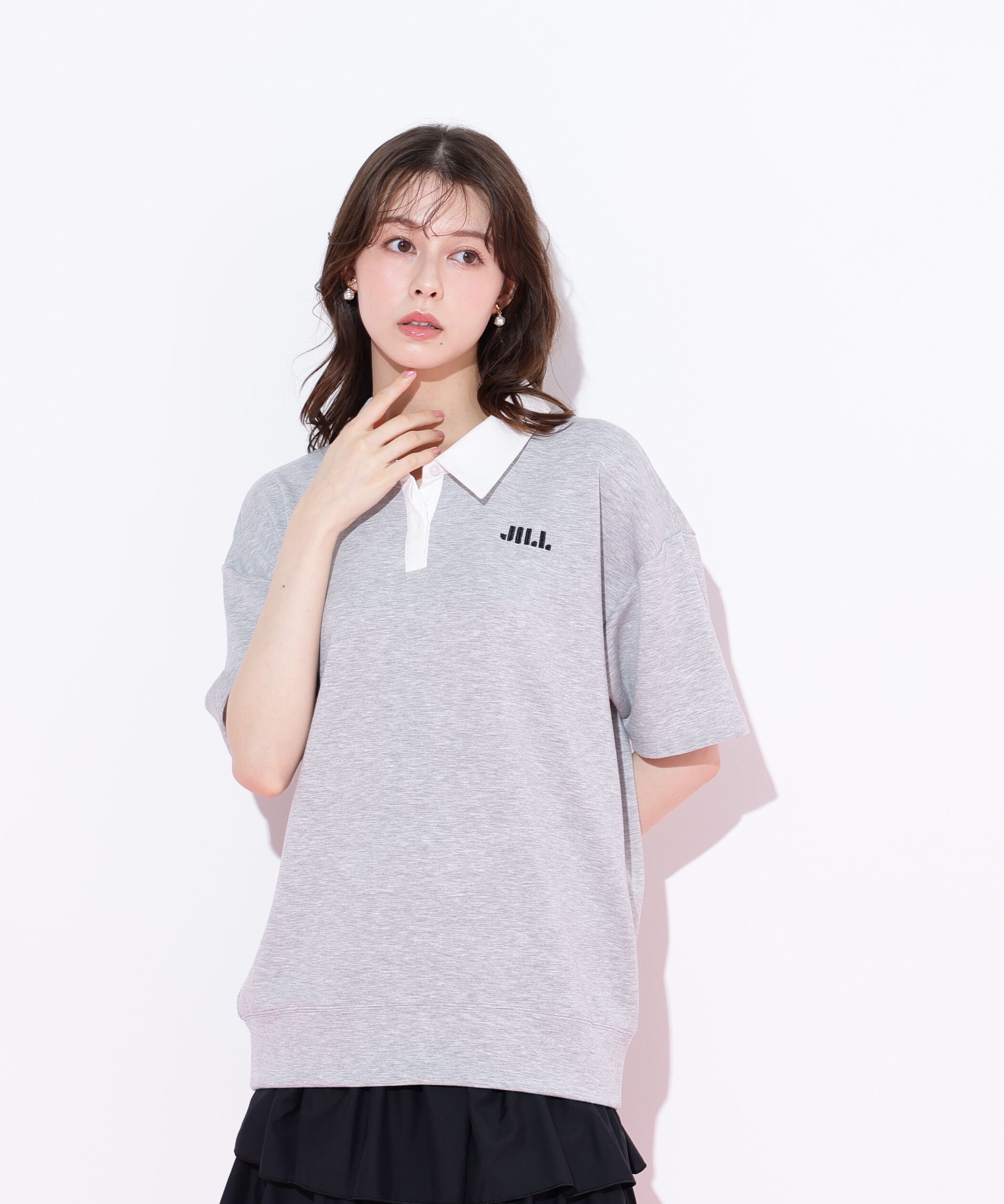  「五分袖ポロ衿スウェットフリルミニセットアップ」|ワンピース|