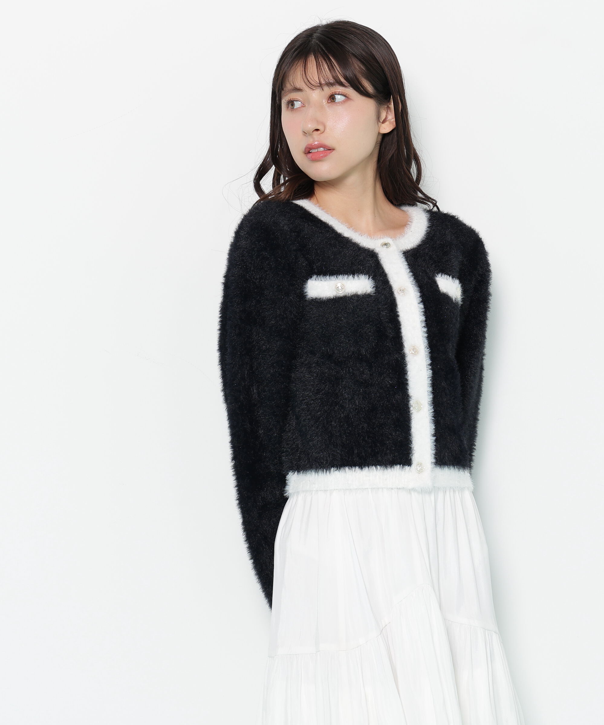  「スパンコールフェザーニットジャケット」|ニット・セーター|