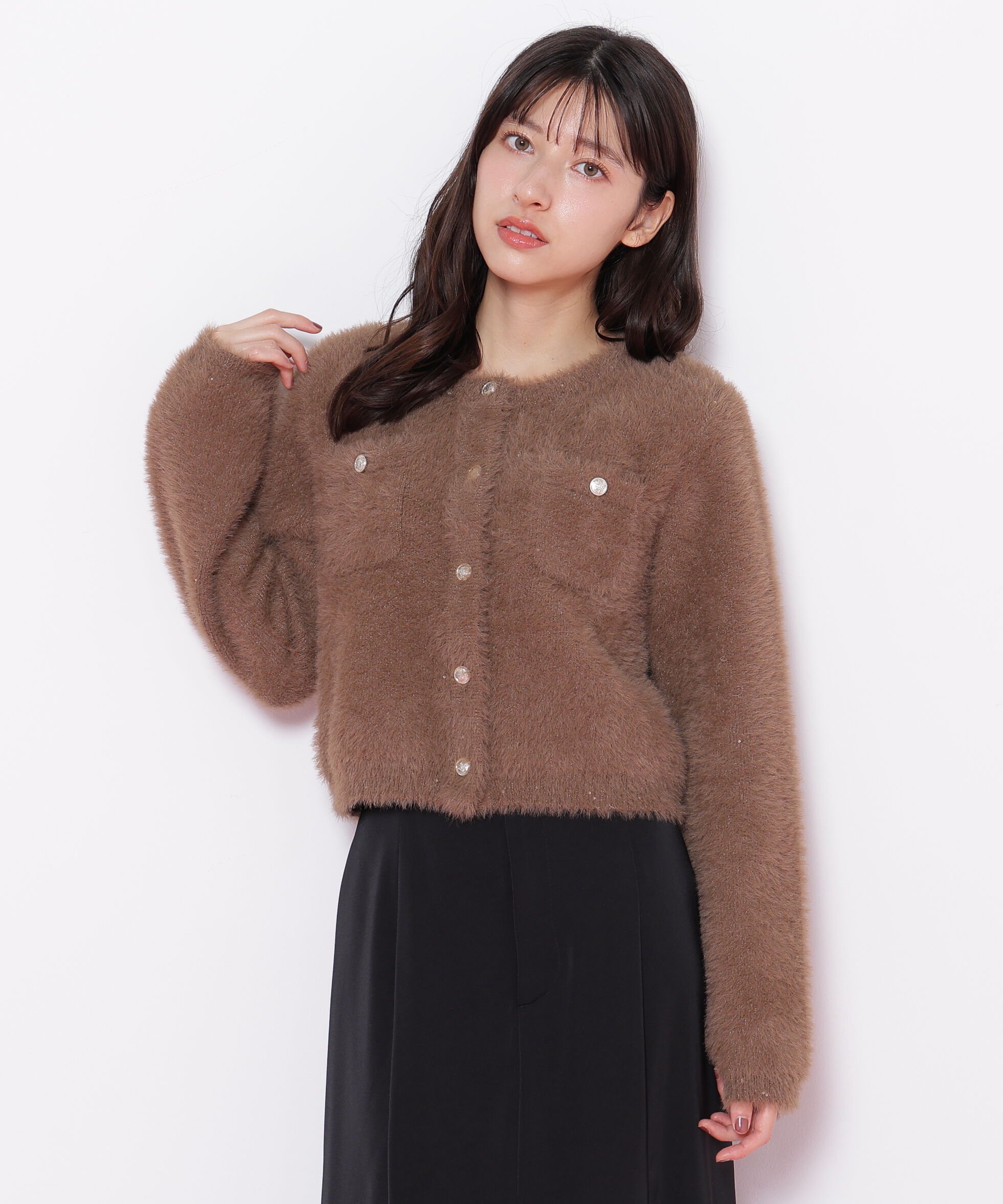  「スパンコールフェザーニットジャケット」|ニット・セーター|ブラウン
