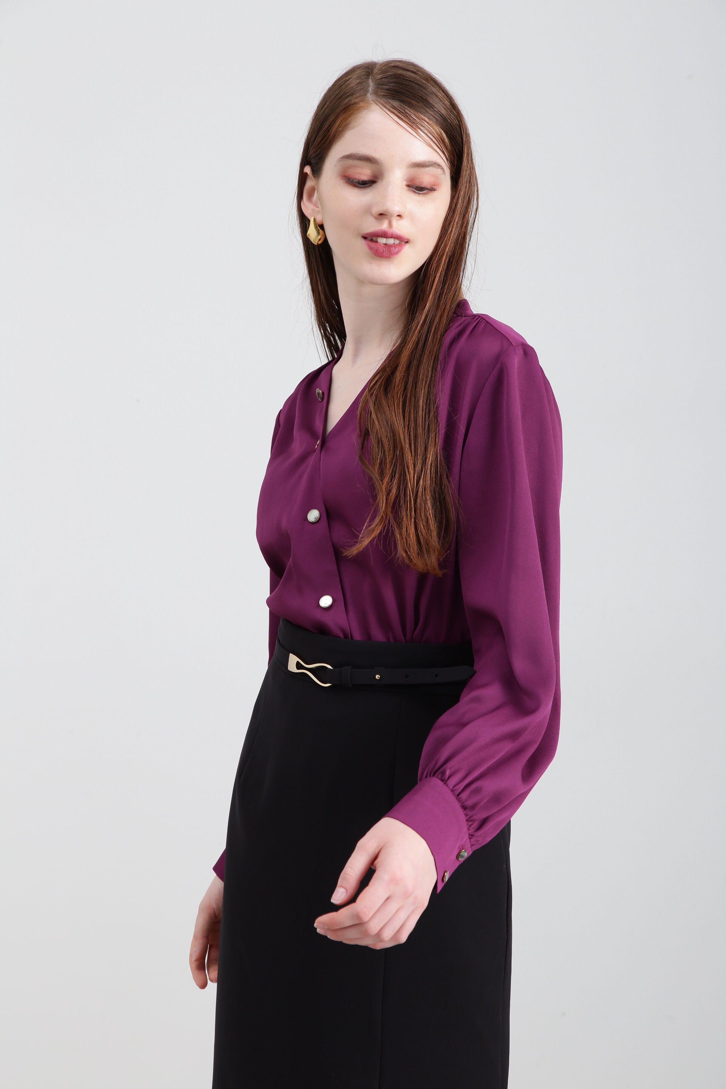  「◆Ｖネックボタンブラウス」|シャツ・ブラウス|