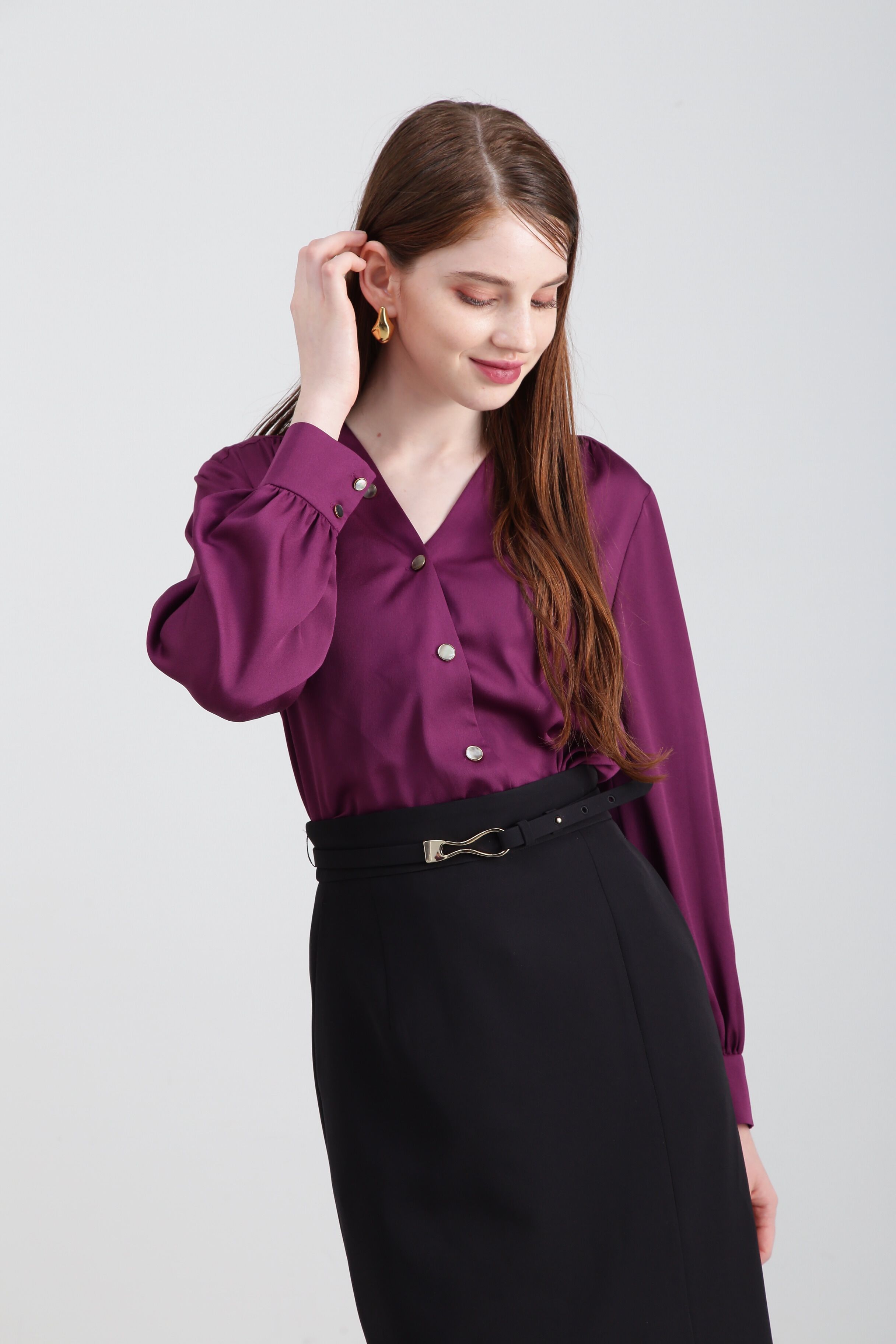  「◆Ｖネックボタンブラウス」|シャツ・ブラウス|