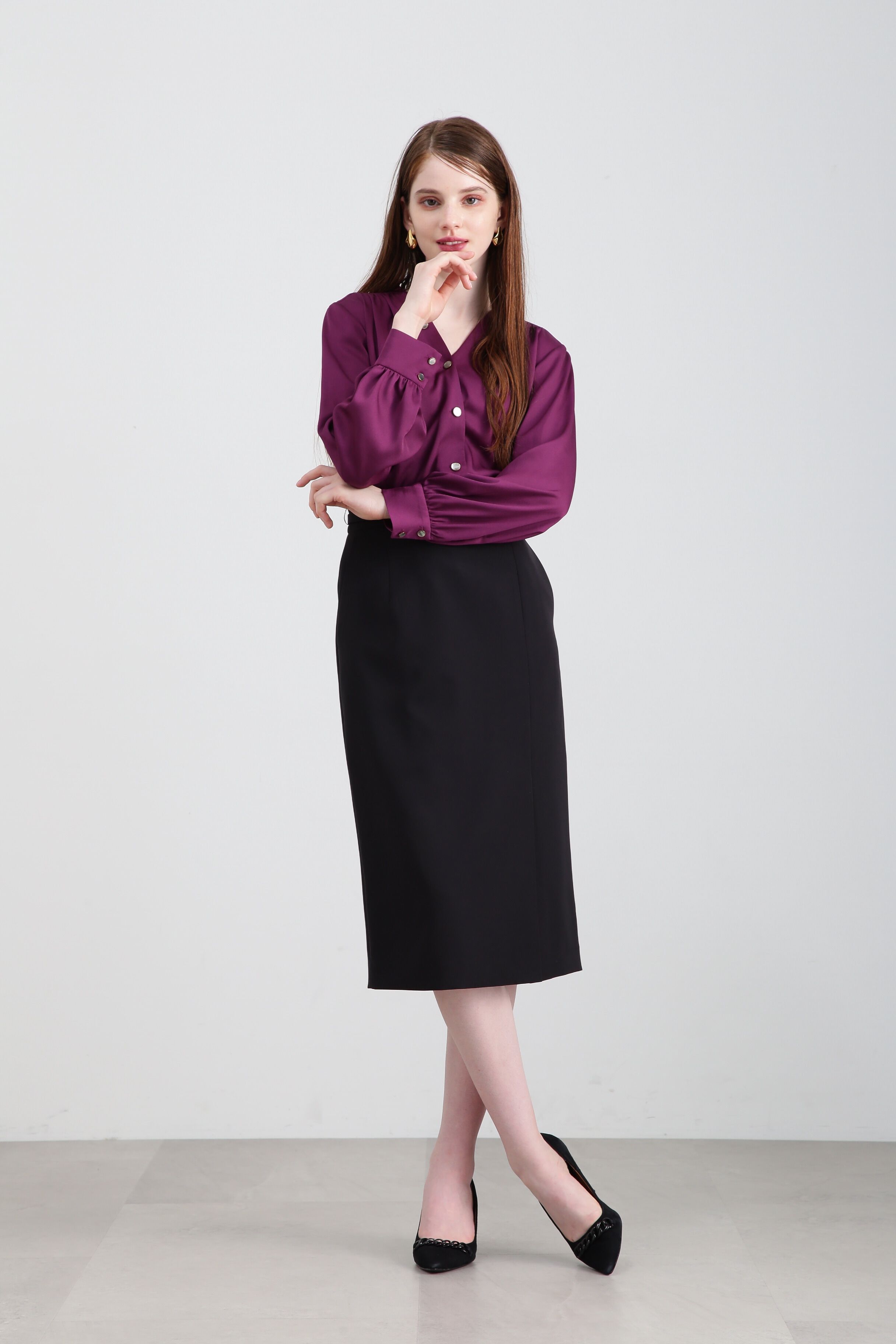  「◆Ｖネックボタンブラウス」|シャツ・ブラウス|