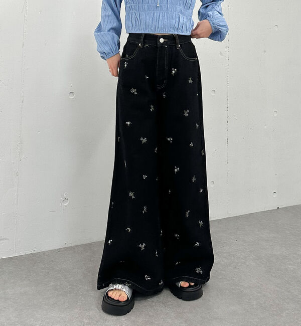 archives「花柄刺繍ワイドデニム」|デニム|BLACK