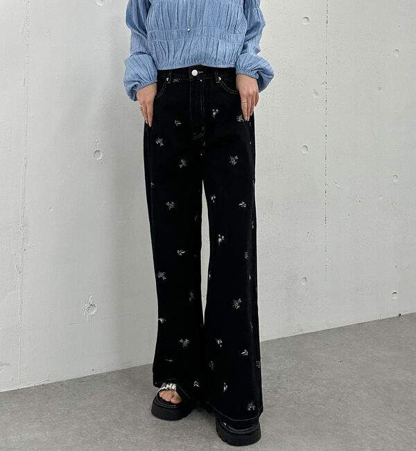 archives「花柄刺繍ワイドデニム」|デニム|