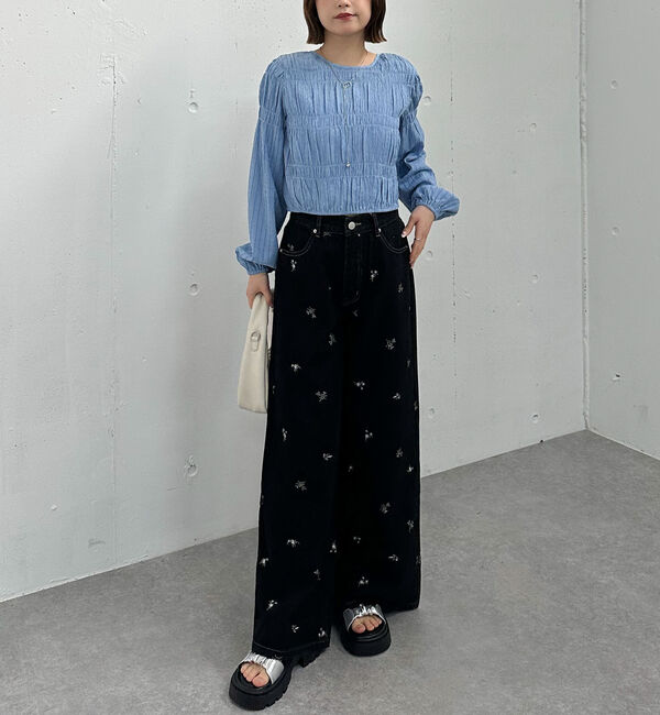 archives「花柄刺繍ワイドデニム」|デニム|