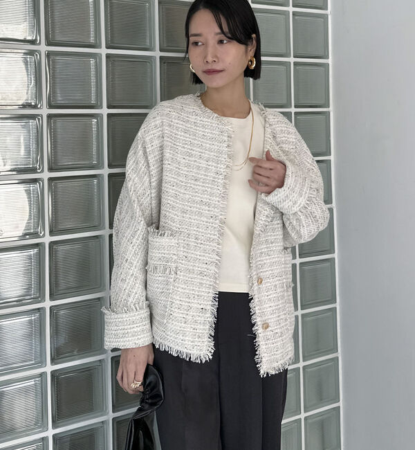 Doux archives「ドルマンスリーブツイードノーカラージャケット」|ノーカラージャケット|