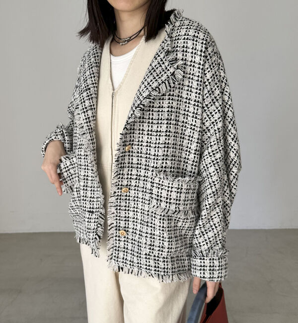 Doux archives「ドルマンスリーブツイードノーカラージャケット」|ノーカラージャケット|WHITE/BLACK