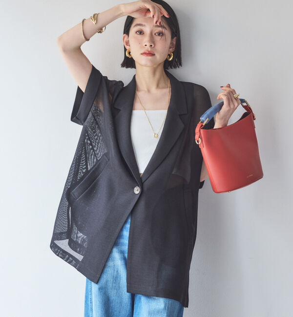 Doux archives「【即完売アイテム/体型カバー】メッシュフレンチスリーブジャケット」|テーラードジャケット|BLACK
